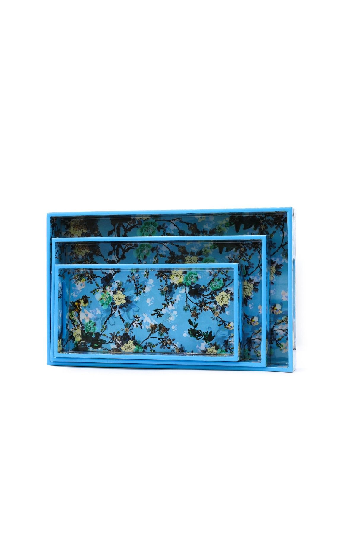 Decor Impex Çiçek Desenli Mavi Ahşap Tepsi Seti (3'lü)