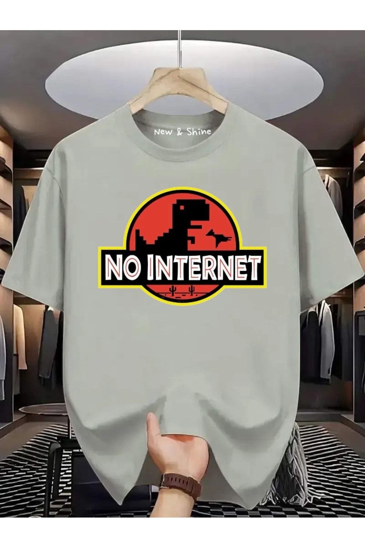 New Shine No Internet Dinozor Baskılı Oversize T-Shirt