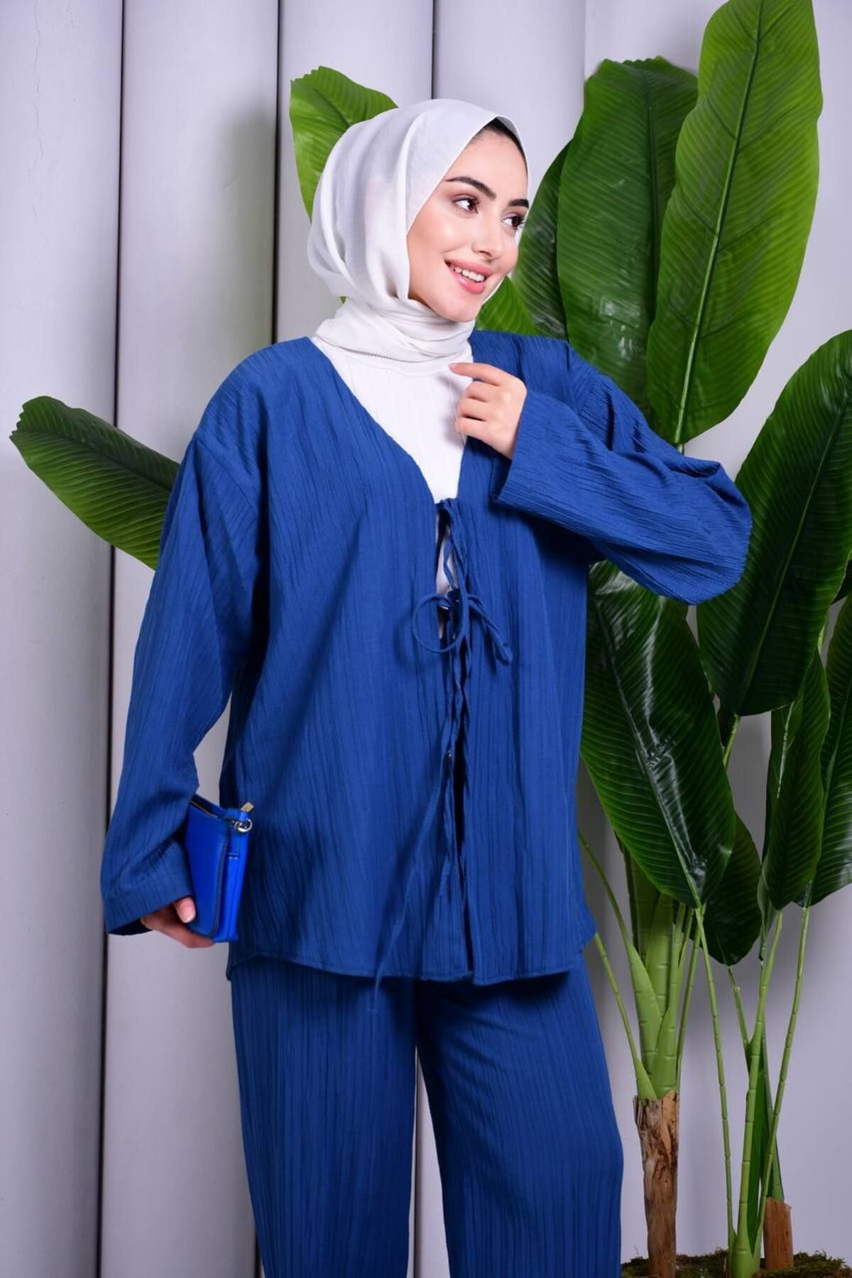 ZambakModa Bağcık Detaylı Pantolonlu Kimono Takım