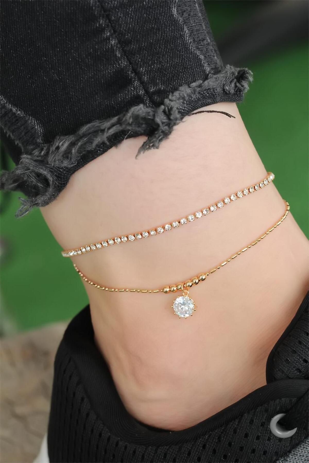 Moco Gold Renk Damla ve Sıra Zirkon Taşlı Halhal