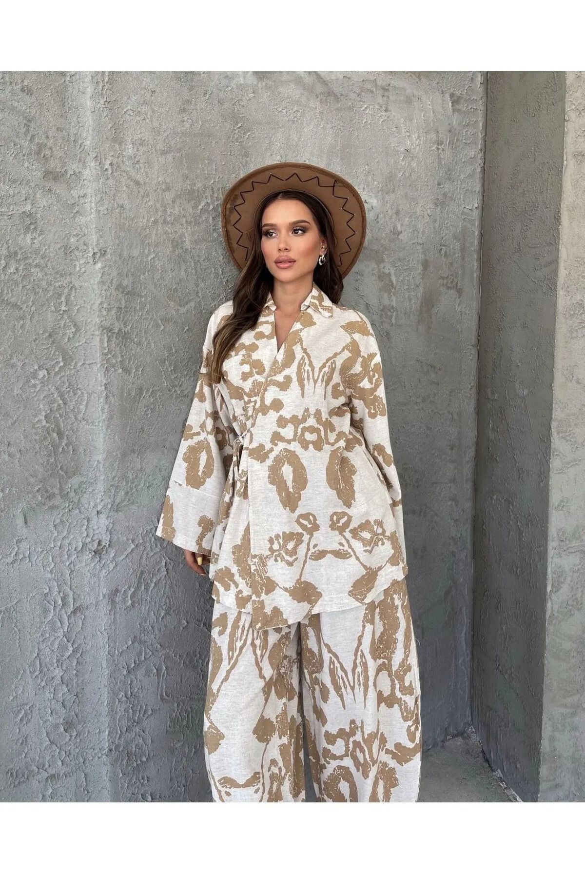 Lux Home Istanbul Yandan Bağlamalı Desenli Keten Kimono Pantolon