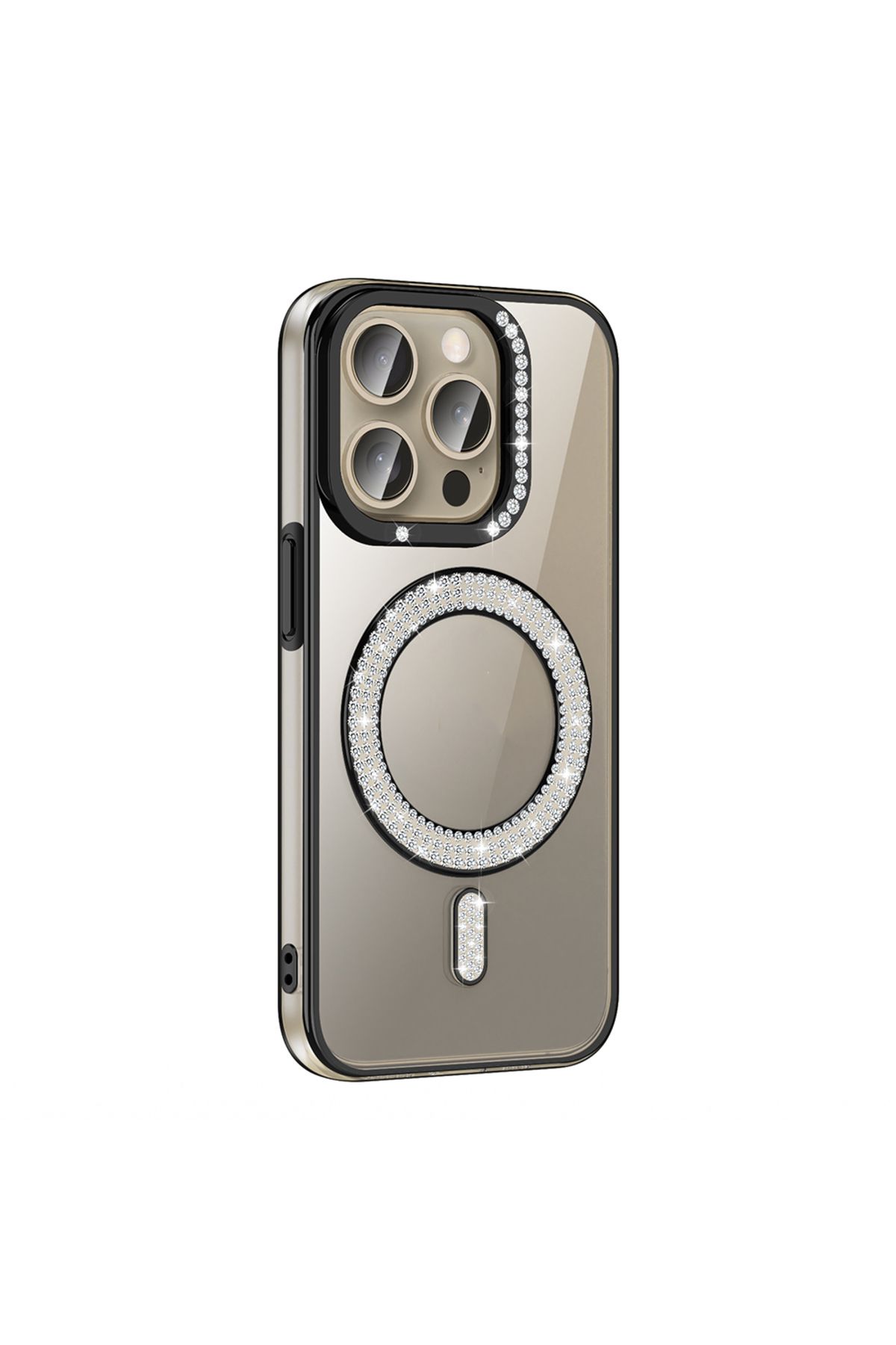 Strap U Apple iPhone 15 Pro Max Kılıf Pırlanta Taş Tasarımlı M-safe Şarj Özellikli Karetta Silikon Kapak