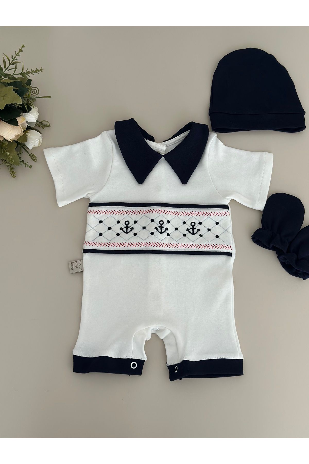 Mama Miel Baby Çapa Nakışlı Yazlık Bebek Tulum Seti %100 Pamuk | Anchor Embroidered Summer Romper - %100 Cotton