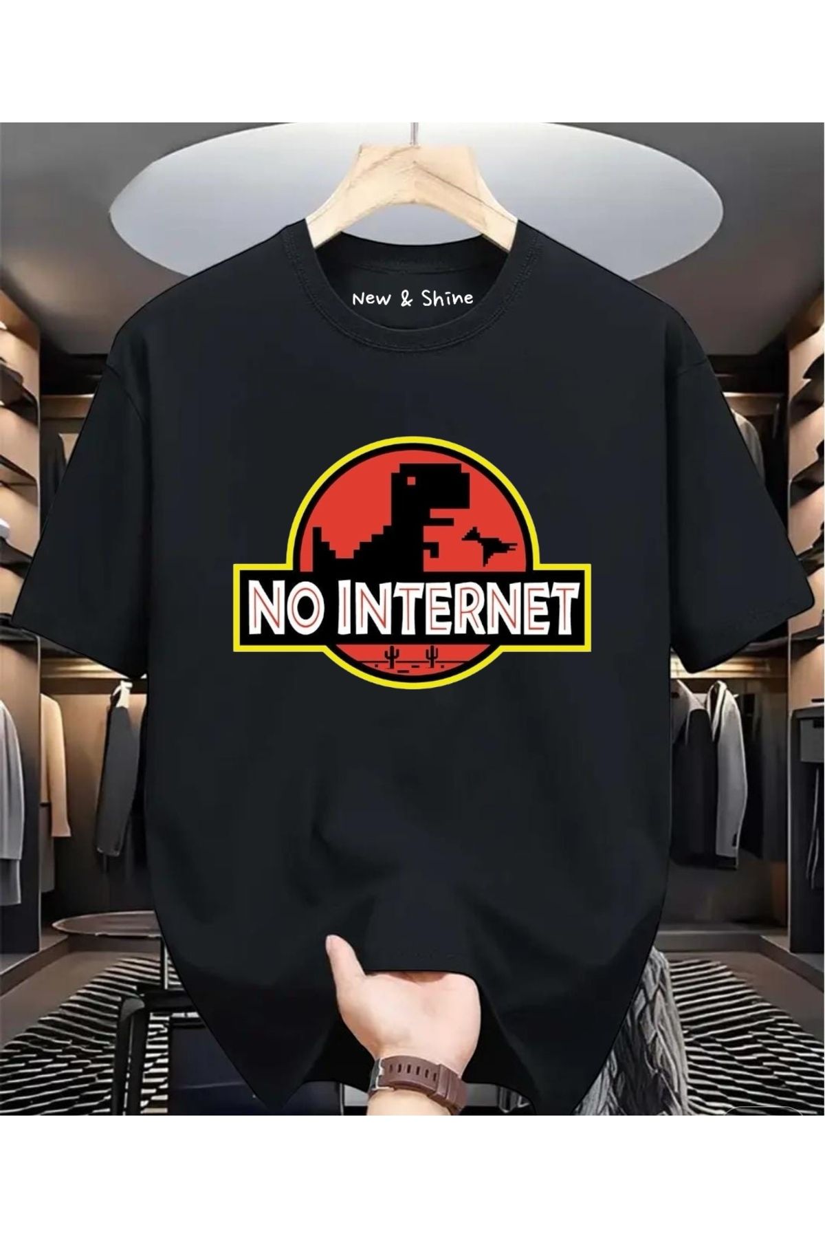 New Shine No Internet Dinozor Baskılı Büyük Beden Oversize T-Shirt