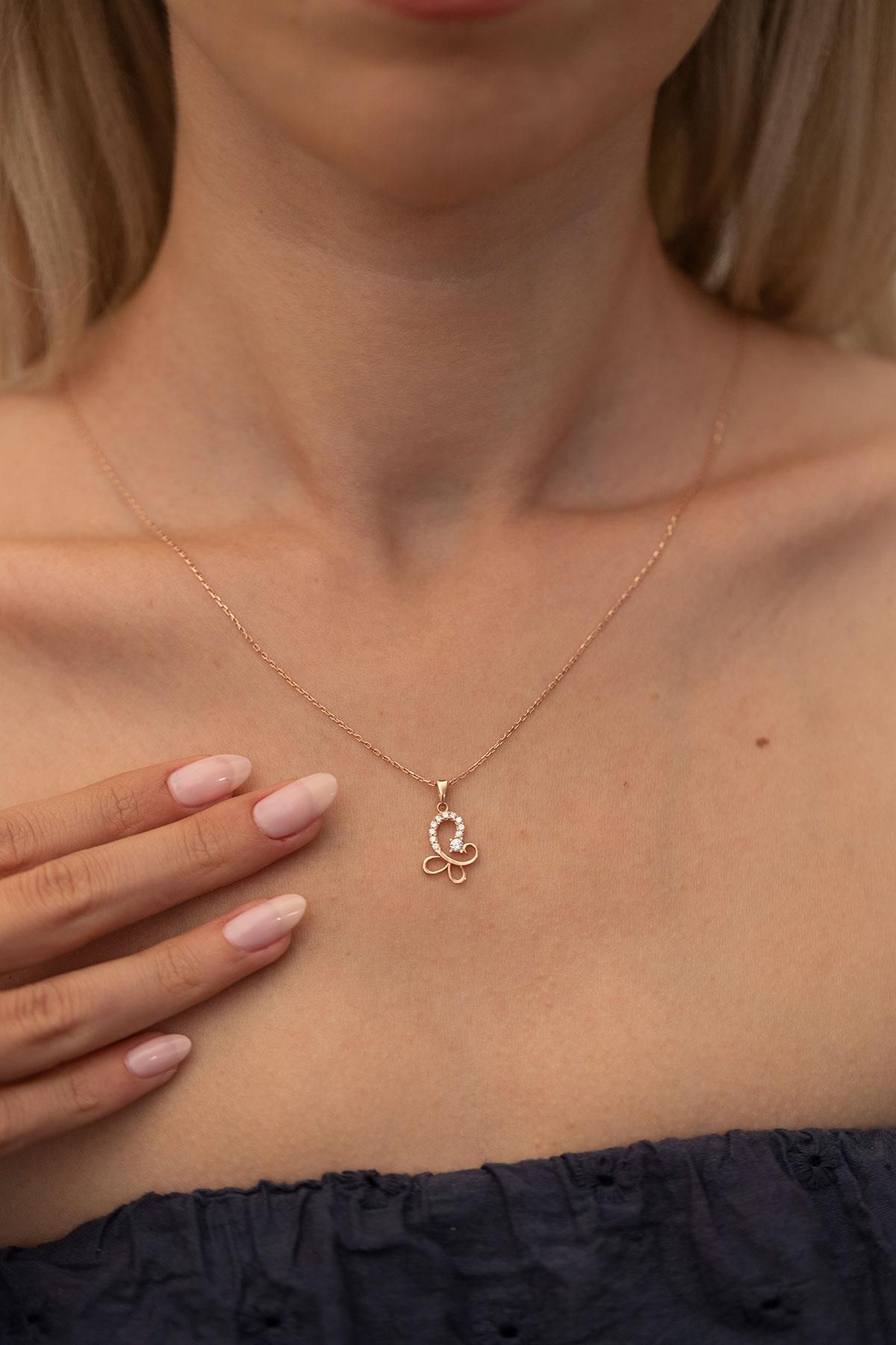 Ninova Silver Kelebek Model Rose Kaplama Gümüş Zirconia Kolye