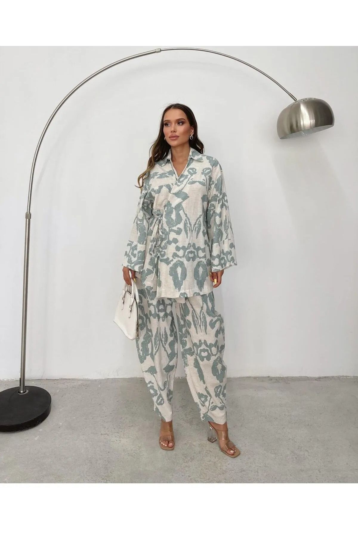 Lux Home Istanbul Yandan Bağlamalı Desenli Keten Kimono Pantolon