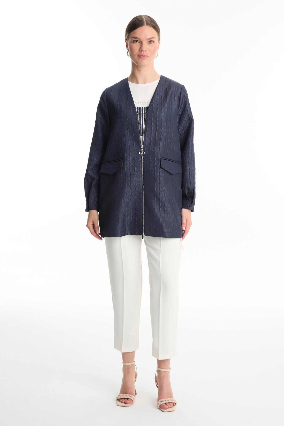Zühre-Jacquard Inner Jacket Navy Blue Double Suit Tk-1569 4