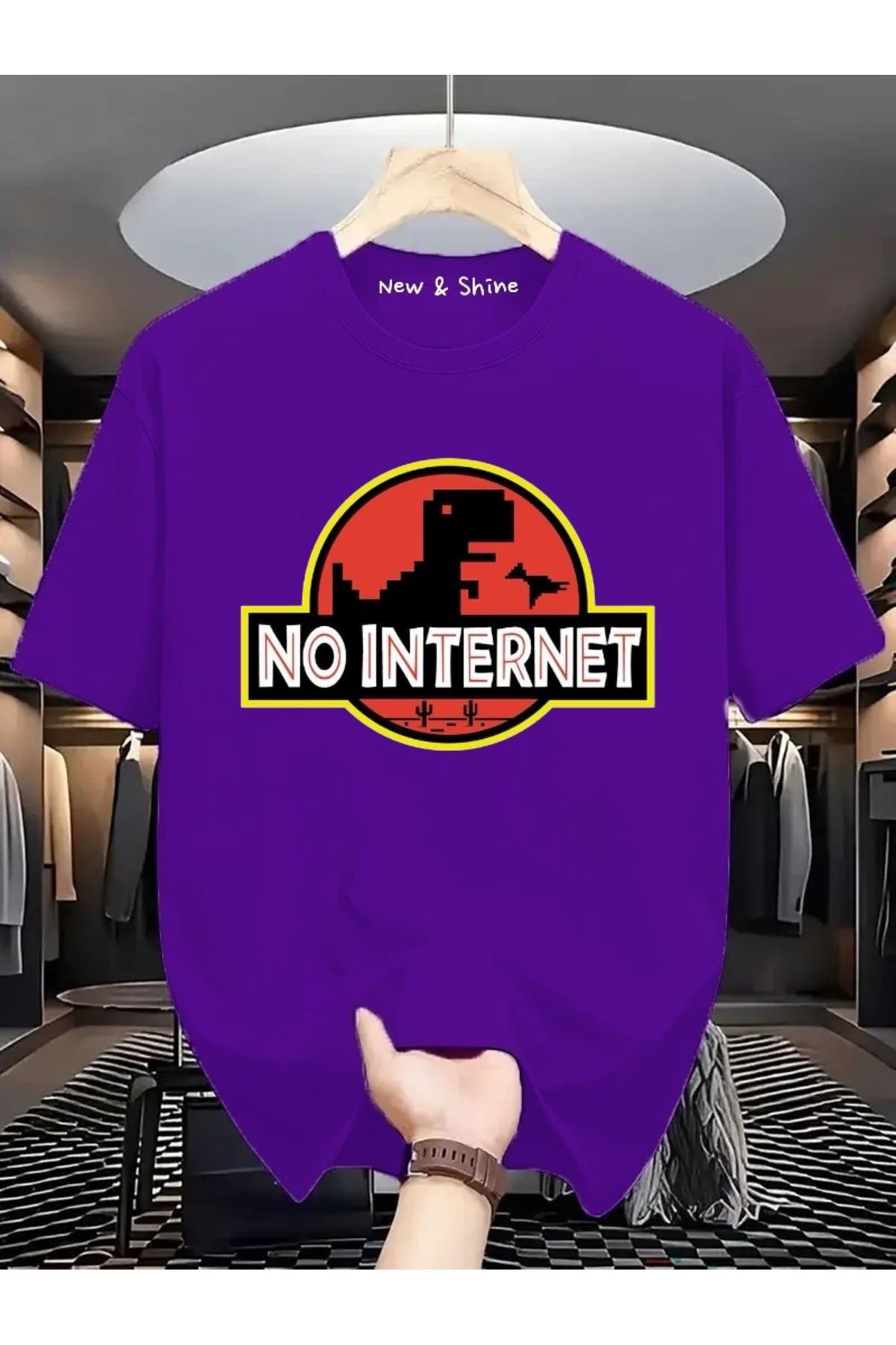 New Shine No Internet Dinozor Baskılı Büyük Beden Oversize T-Shirt