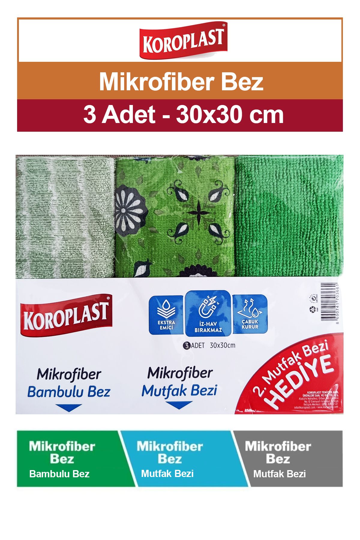 Koroplast Mikrofiber Bambu Bez ve Mutfak Bezi 30x30 cm 3 adet