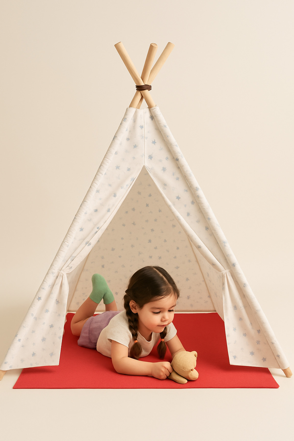 Molie Zikzak Desenli Oyun Çadırı - %100 Pamuk, 75 cm Gürgen Ahşap Direk, Zemin Matı ve Bağlama İpi Seti fotoğrafı 2 (önizleme)