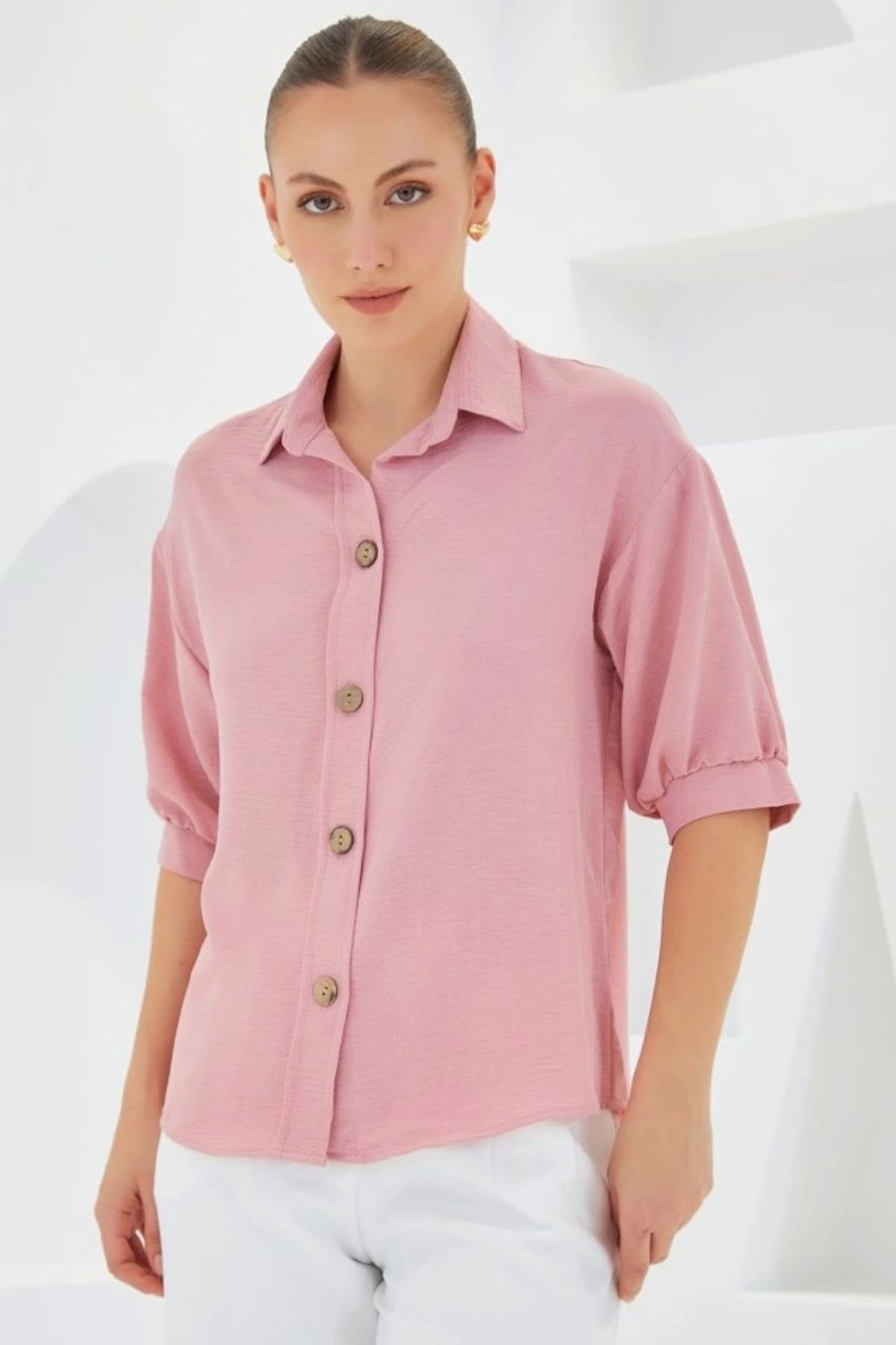Kaplan Pembe Kısa Kol Oversize Keten Gömlek 20240