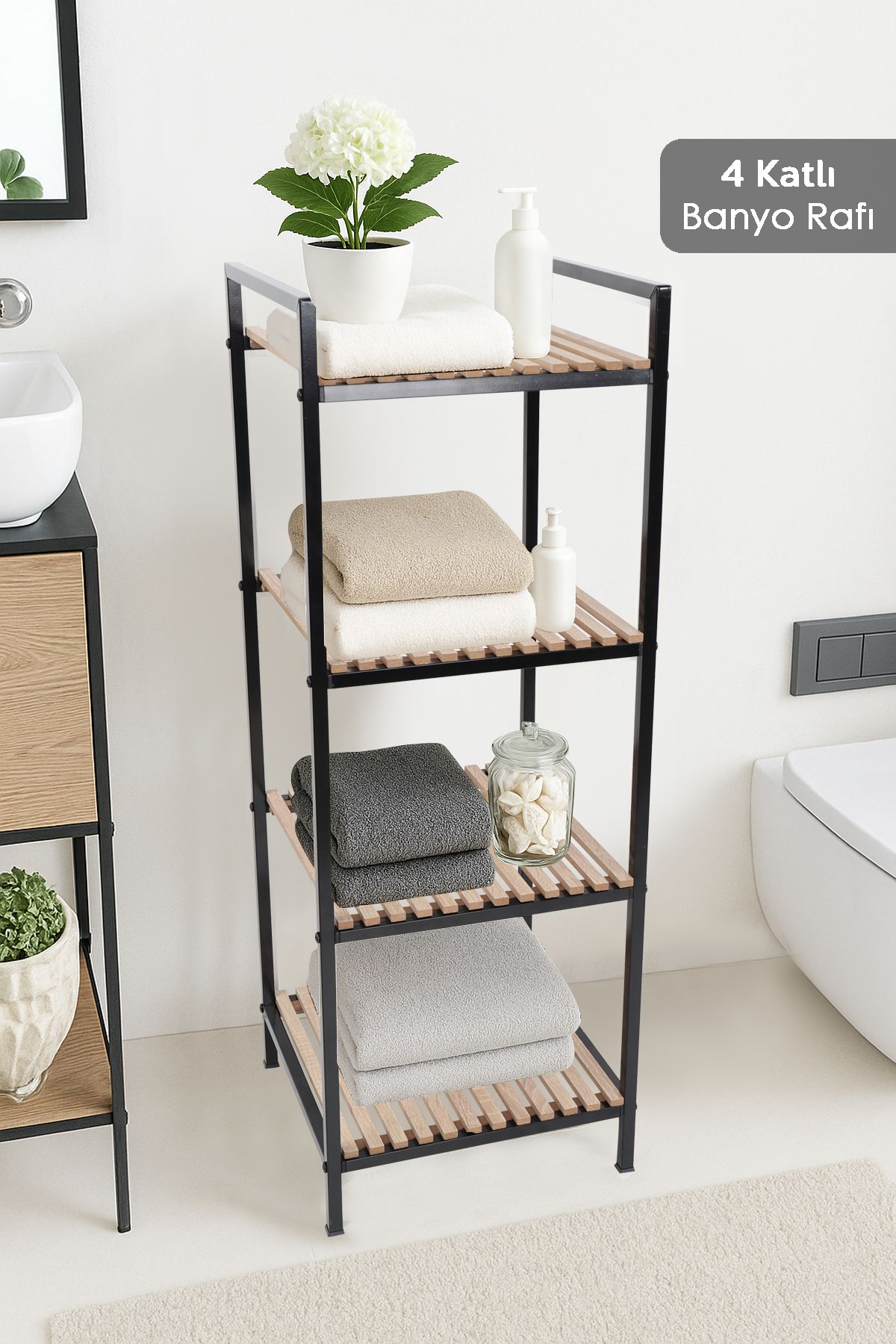 4 Katlı Ahşap Banyo Rafı - Banyo Düzenleyici Havluluk Organizer Çok Amaçlı Dolap Banyo Dolabı