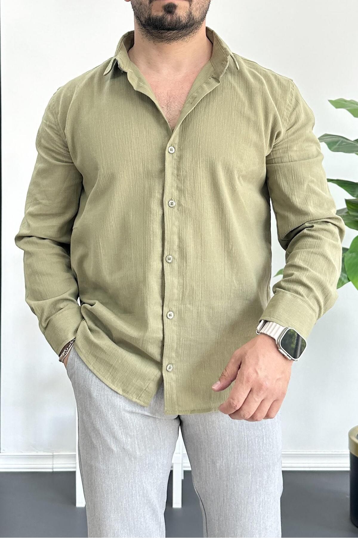 Edwox Erkek Krinkıl Kumaş Gömlek Yeşil Edw362