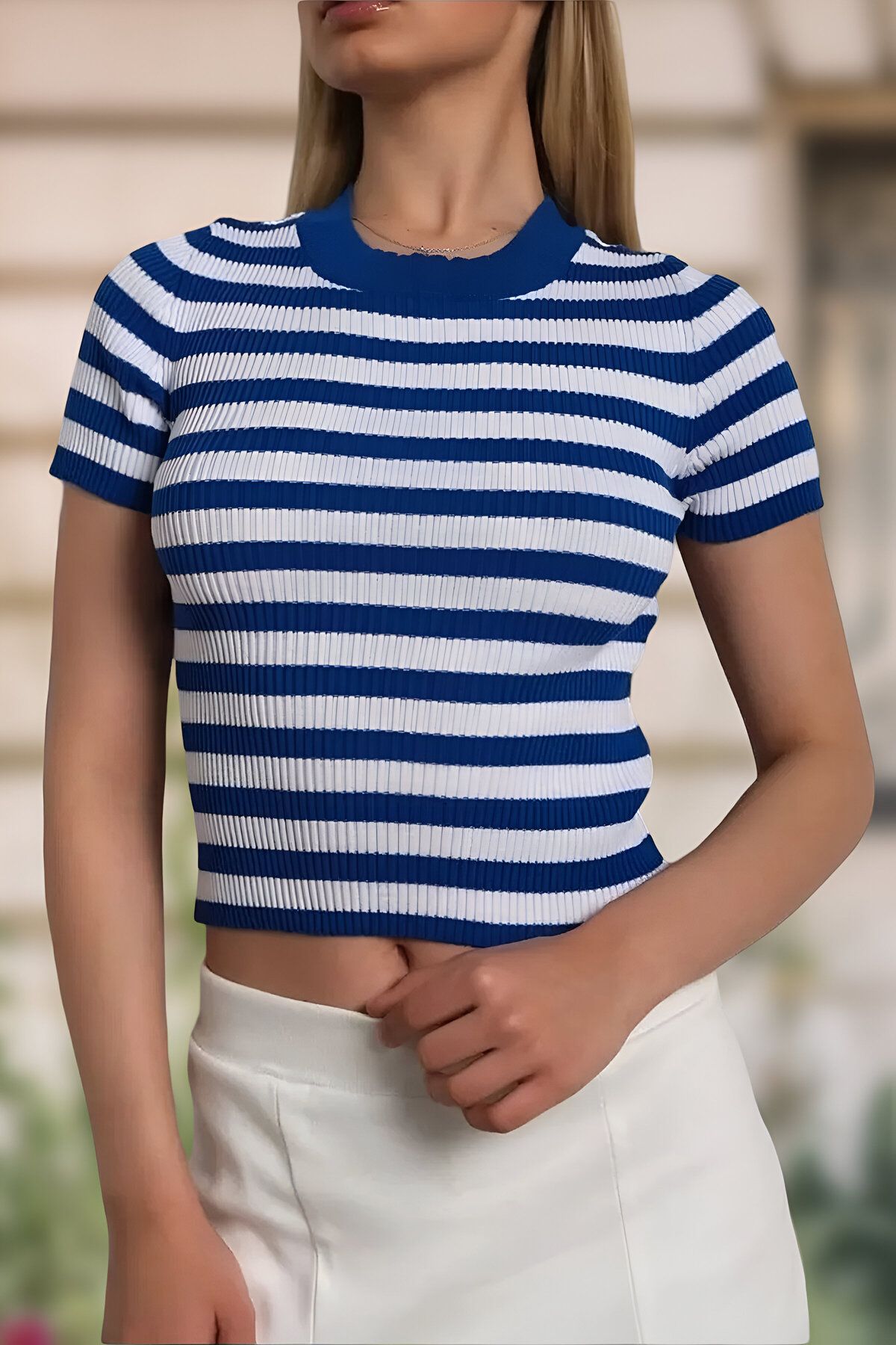AQE FASHION Kadın Bisiklet Yaka Çizgili Kısa Kollu Basic Saks Bluz