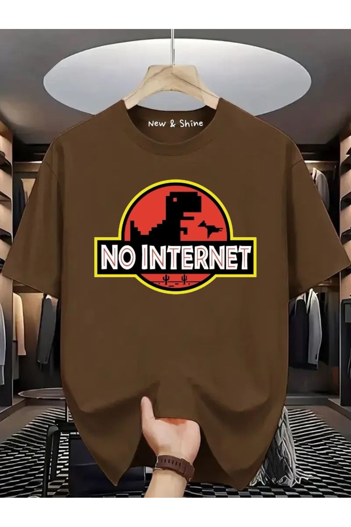 New Shine No Internet Dinozor Baskılı Oversize T-Shirt