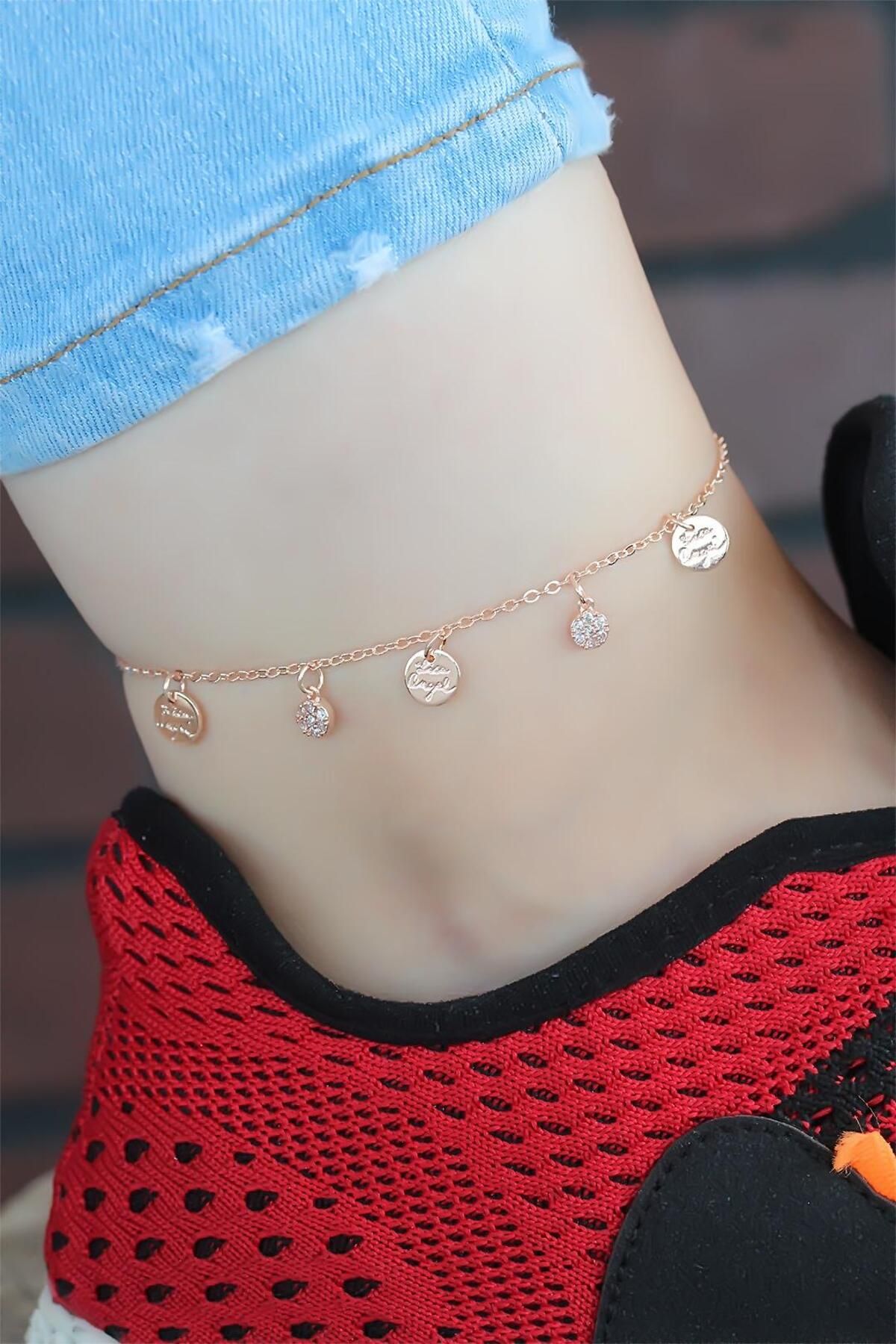 Moco Zirkon Taşlı Çift Zincirli Rose Kaplama Metal Aksesuarlı Hal Hal