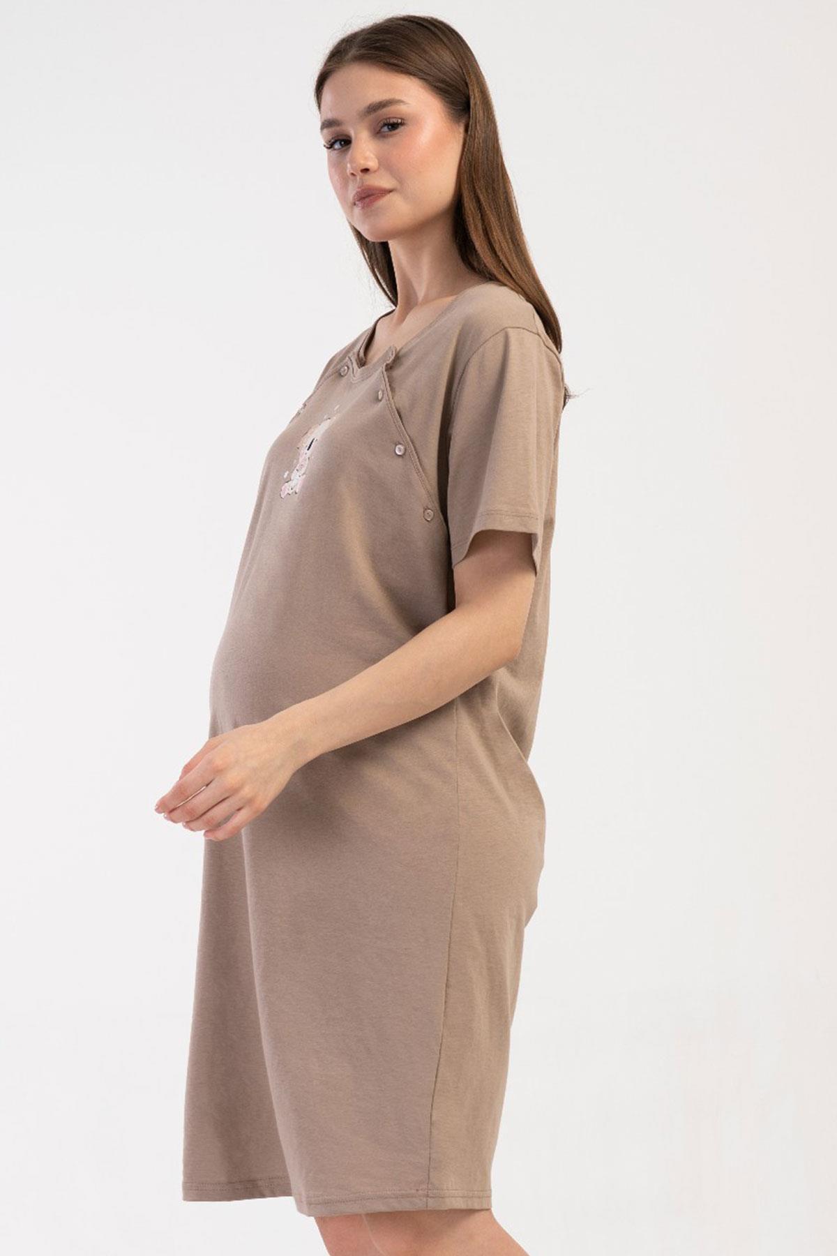 VİENETTA-Women's Short Sleeve Maternity Brown Nightgown C4T1N1O014 2