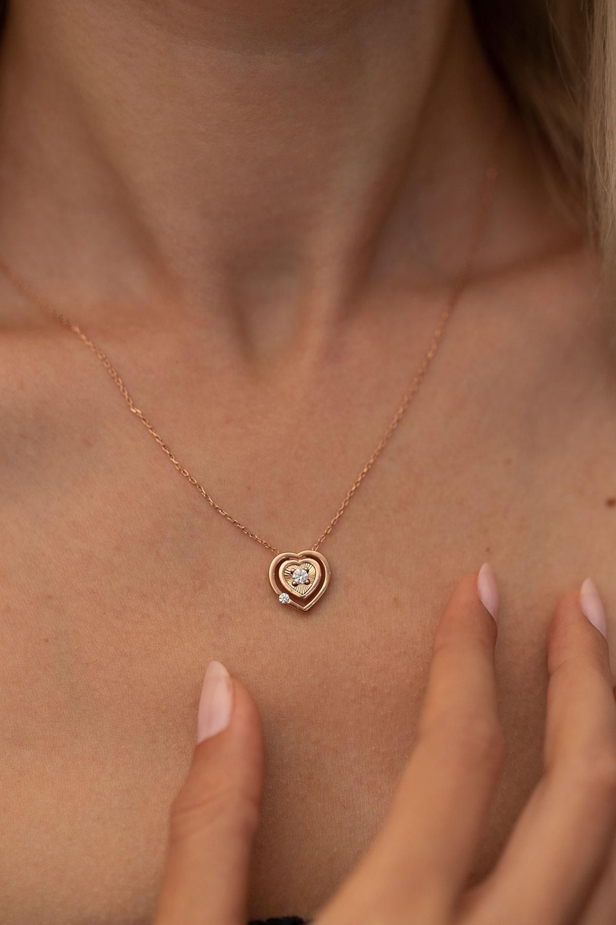 Ninova Silver Çift Kalp Model Rose Kaplama Gümüş Zirconia Kolye