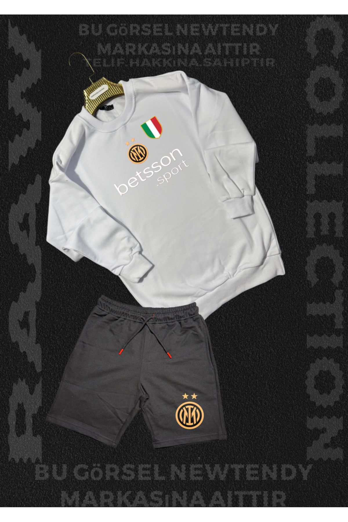 Minikelya Inter Logolu Kapüşonlu Sweatshirt ve yazlık şort Takımı Erkek Taraftar Spor Giyim Seti 2li kombin