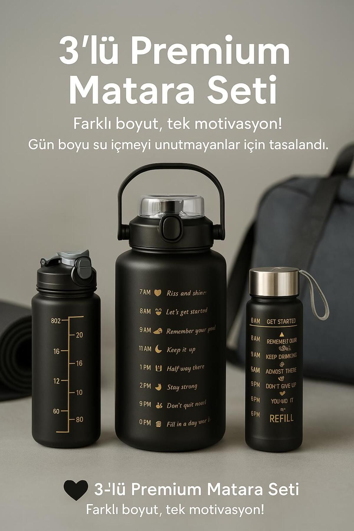 jetlegelsin 3'lü Motivasyonel Matara Seti - Günlük Spor Kamp Su Matarası Pipetli Suluk Su Şişesi