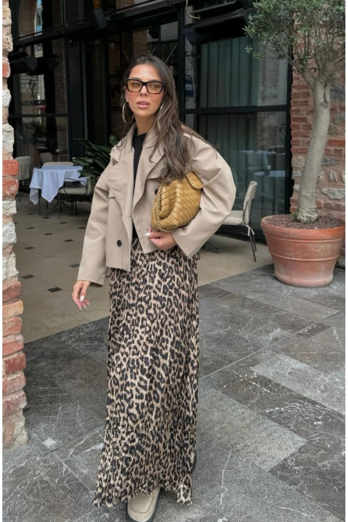 Bikombin Leopar etek kırışık saten