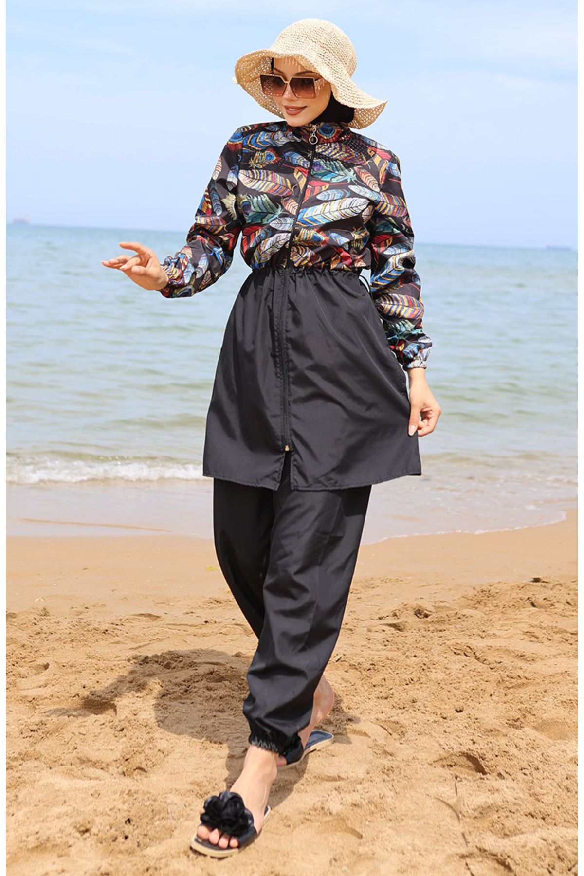 sefamerve Black Tropical Hijab Swimsuit - Elastic Waist, 5040-01 Model