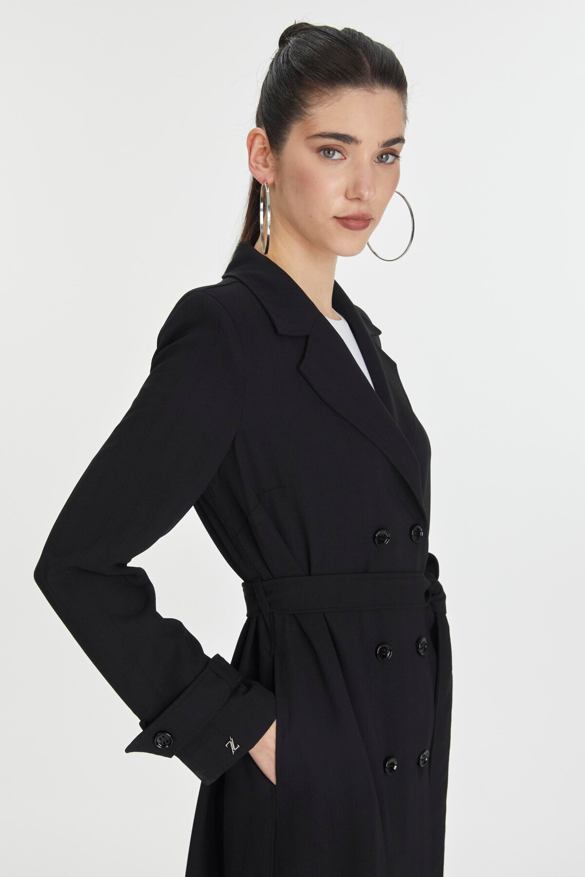 Zühre-Double Breasted Collar Sleeve Detailed Belted Black Cap 13761 4