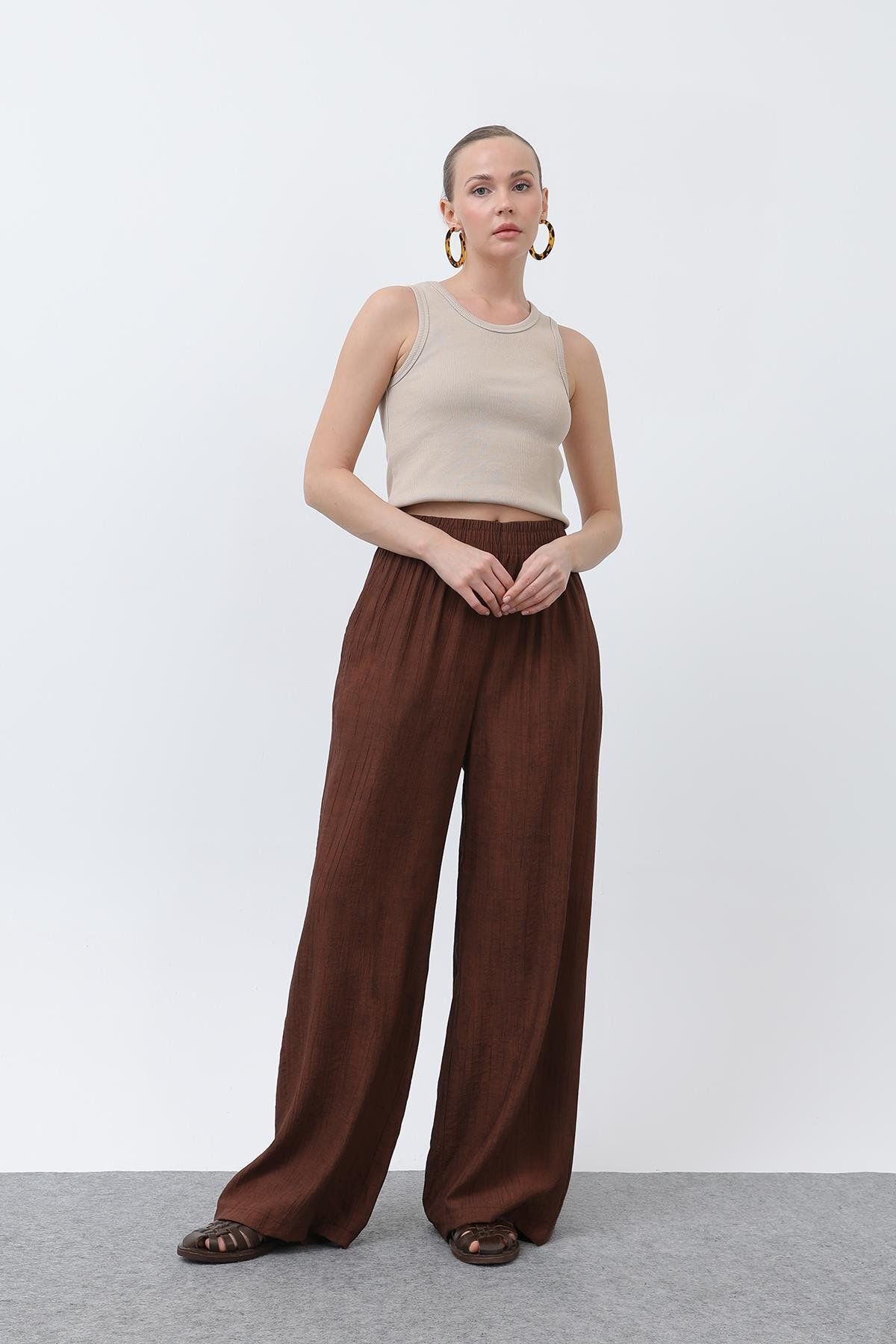 Puane Kadın Beli Lastikli Bol Pantolon - 18238PNT - BROWN