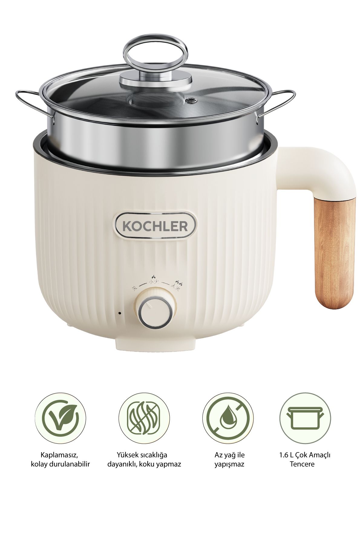 kochler Çok Amaçlı Elektrikli Tencere | 600W | 1.6L | Buharlı ve Yağda Pişirme Özellikli -JJ18B-2