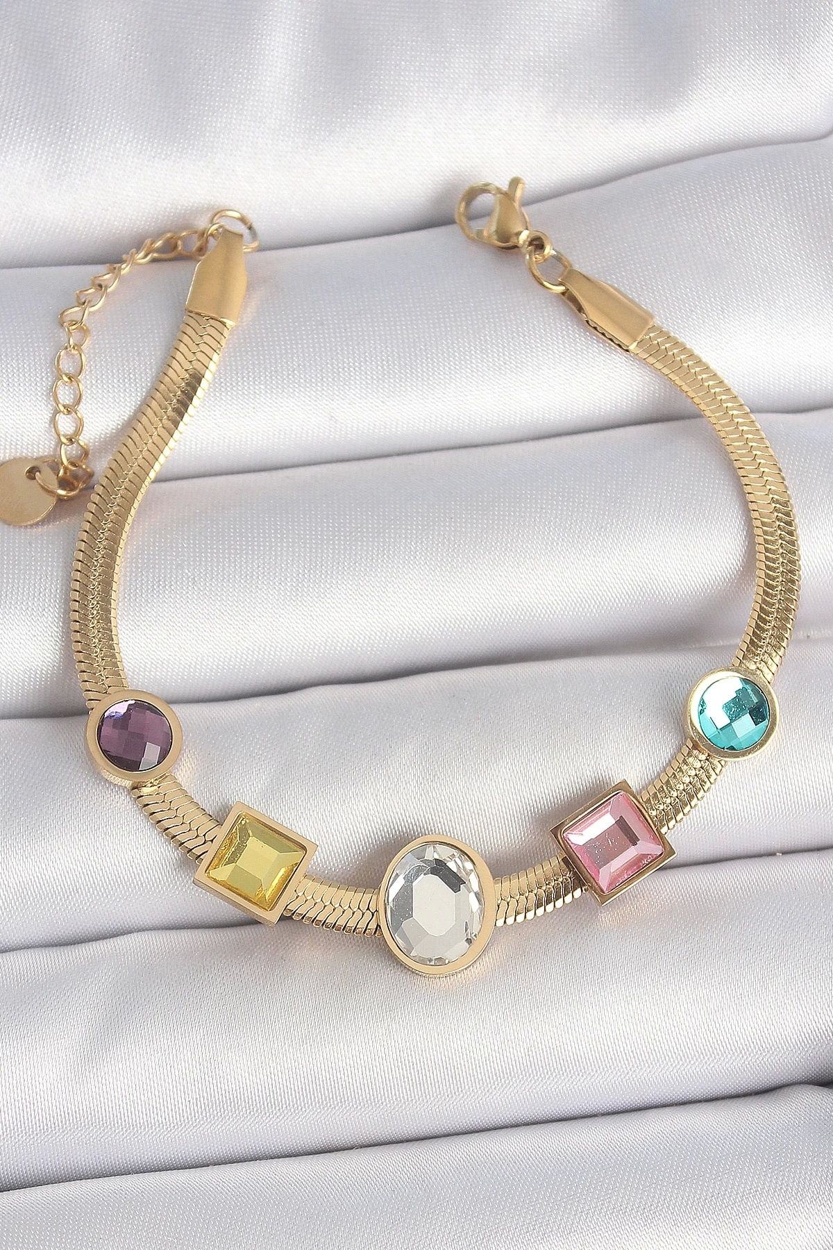 GLIMMERY 316L Çelik Gold Renk İtalyan Zincir Renkli Zirkon Taşlı Kadın Bileklik