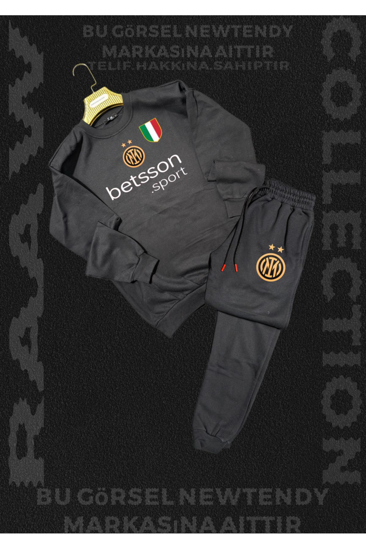 Minikelya Inter Logolu Kapüşonlu Sweatshirt ve eşofman Takımı Erkek Taraftar Spor Giyim Seti 2li kombin