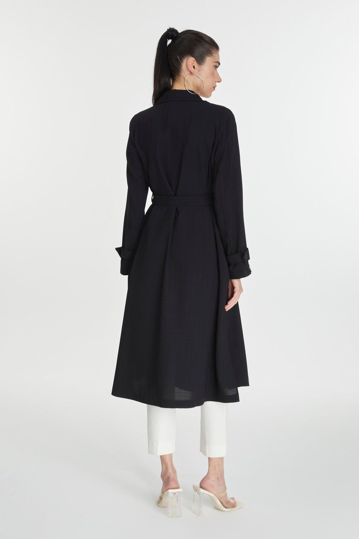 Zühre-Double Breasted Collar Sleeve Detailed Belted Black Cap 13761 5