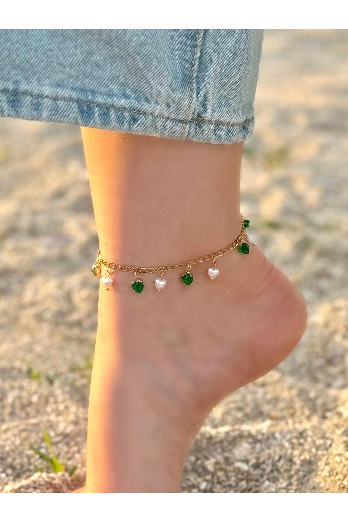 Opia JEWELRY Yeşil Taşlı İncili Çelik Halhal