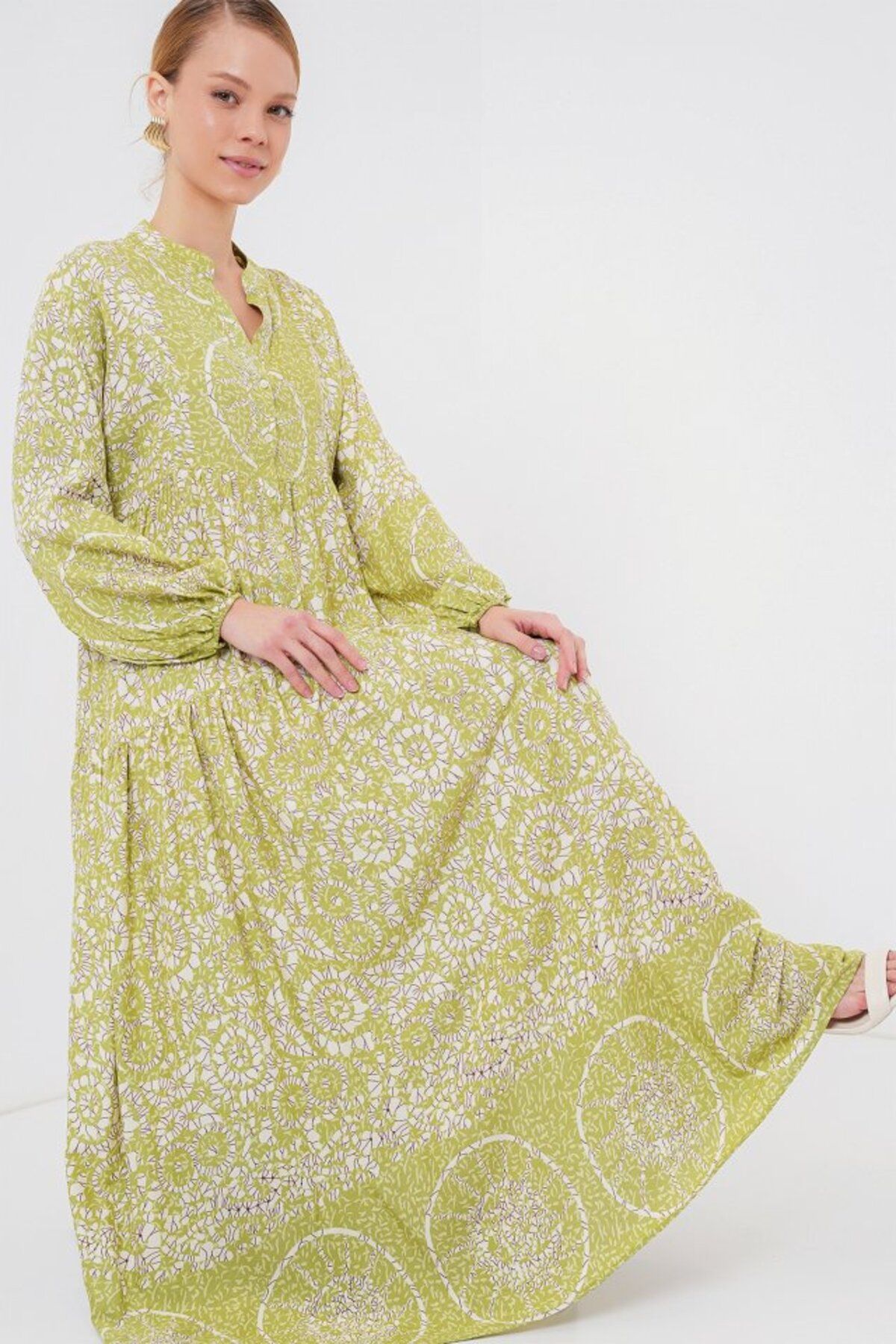 ARUZ MODA 2423 Otantik Desenli Tesettür Elbise - Yeşil 8