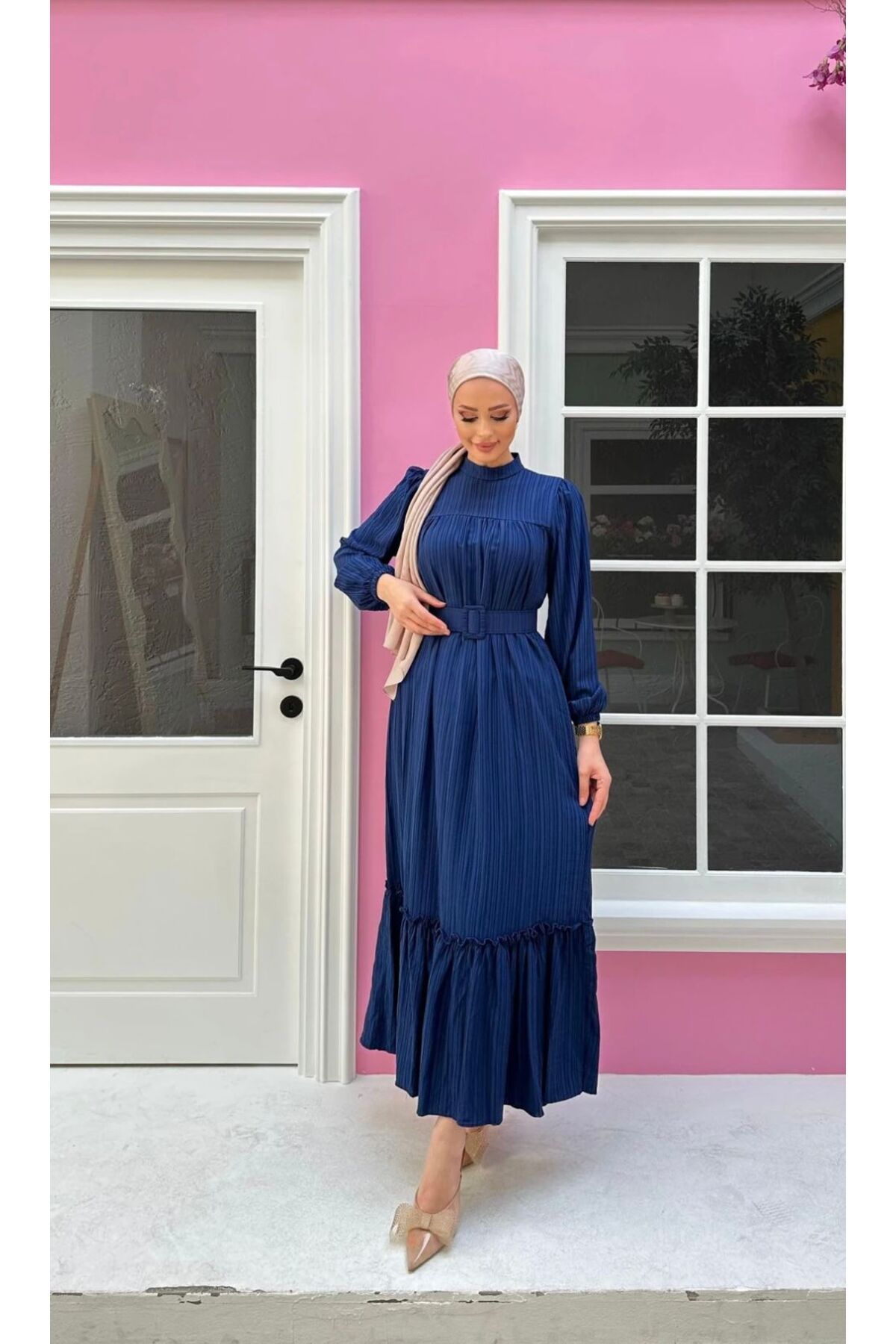 ALLMİRA FASHION Robalı Kemer Detaylı Tesettür Uzun Elbise Lacivert