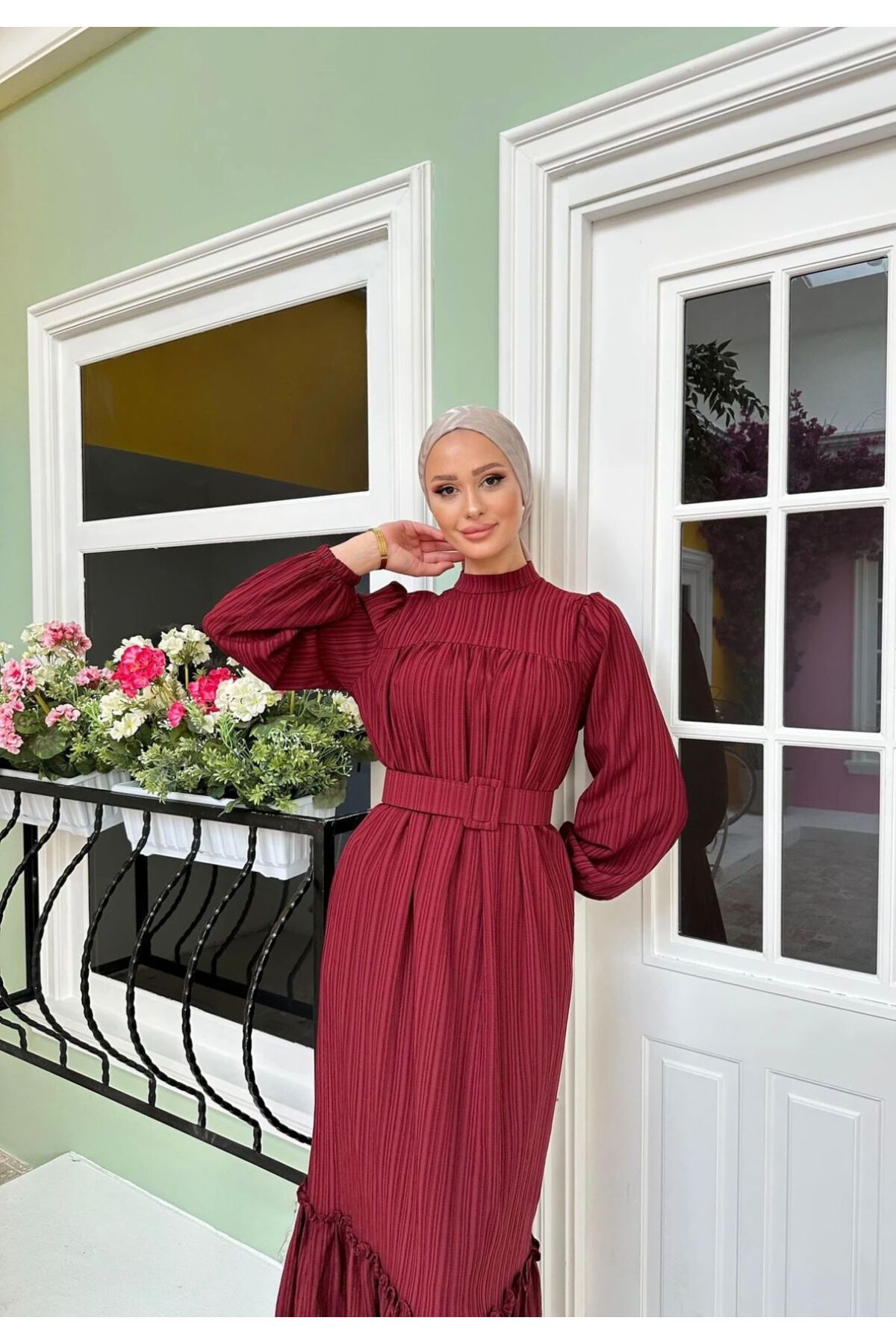 ALLMİRA FASHION Robalı Kemer Detaylı Tesettür Uzun Elbise Bordo
