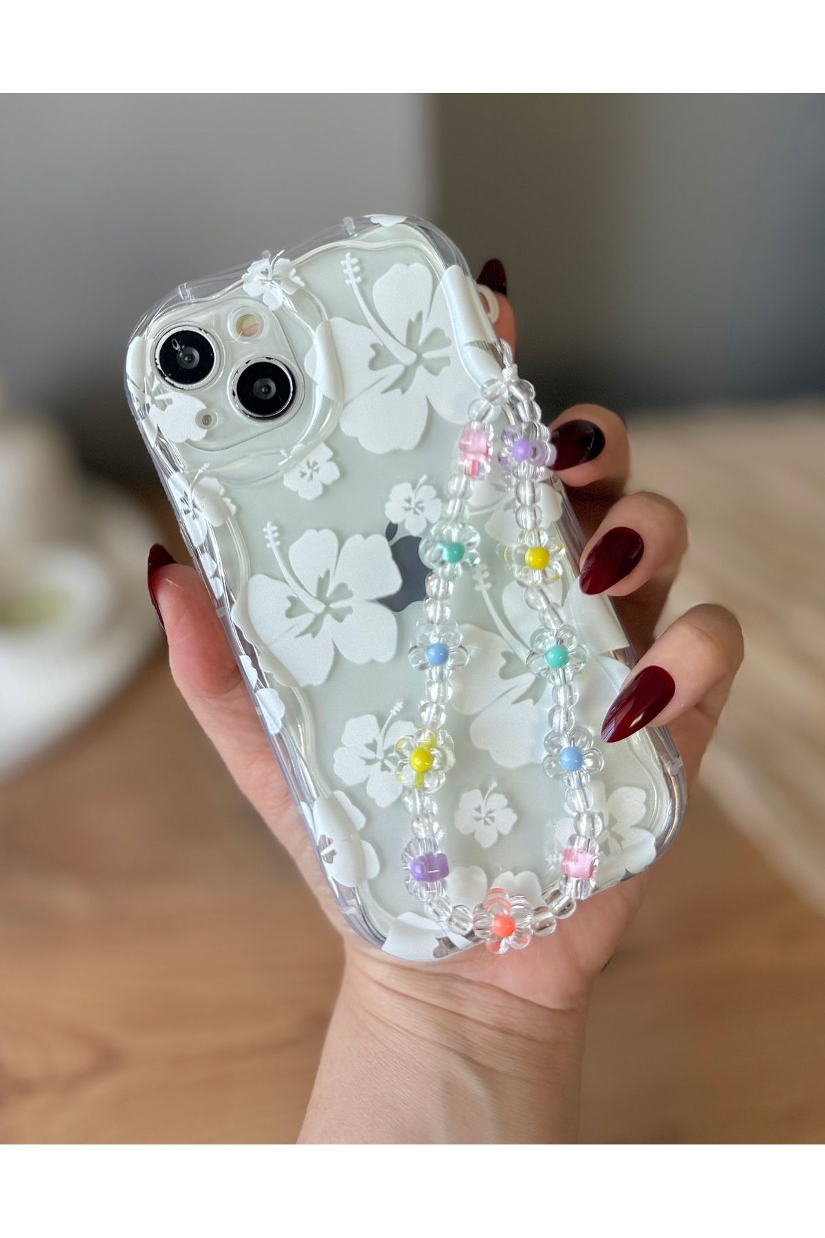 MirazTasarim IPHONE 15 CHARMLI ŞEFFAF ÇİÇEK DESENLİ DALGALI KENARLI KILIF