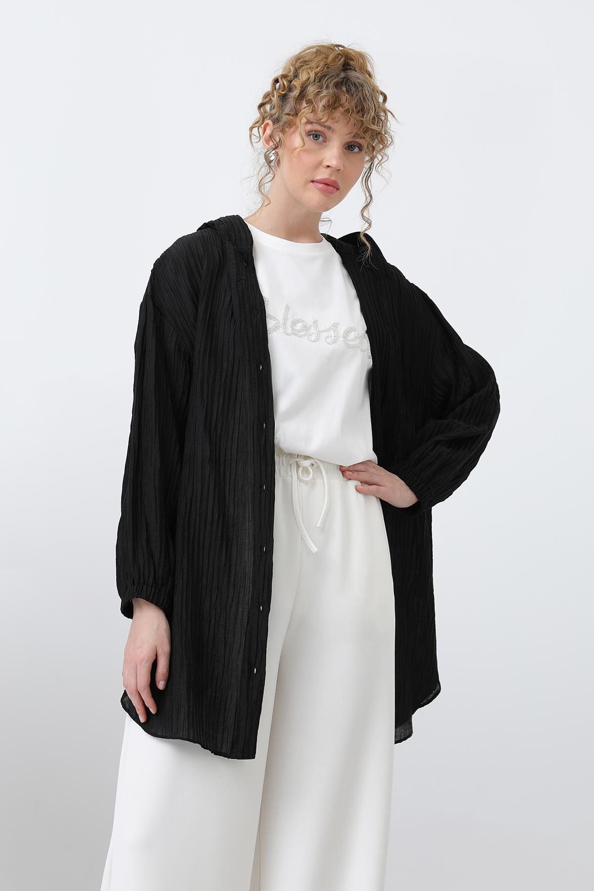 Puane Kadın İçi Tişörtlü Kapüşon Detaylı Tunik - 10626TNK - BLACK