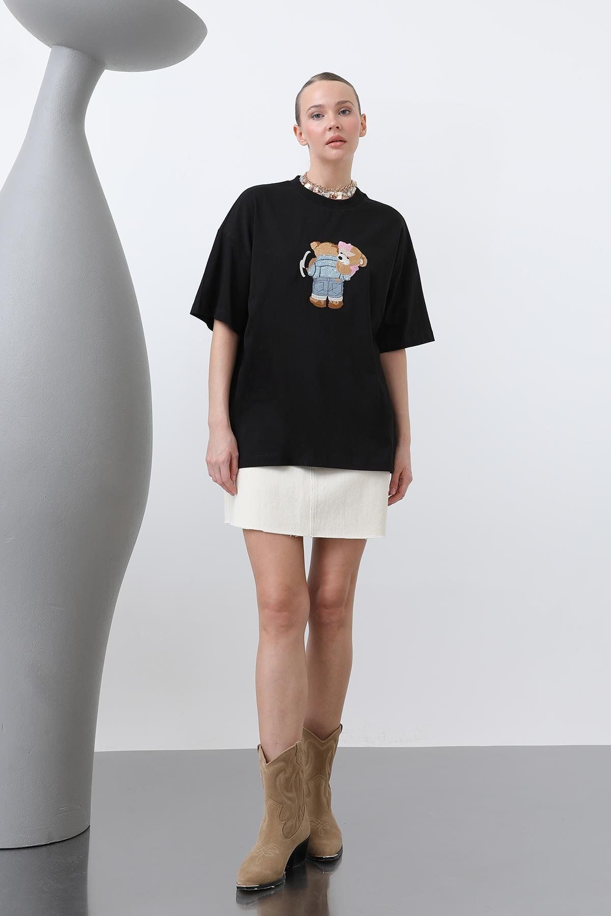 Soul Ayıcık Nakışlı Basic Tshirt -32253TSH - BLACK