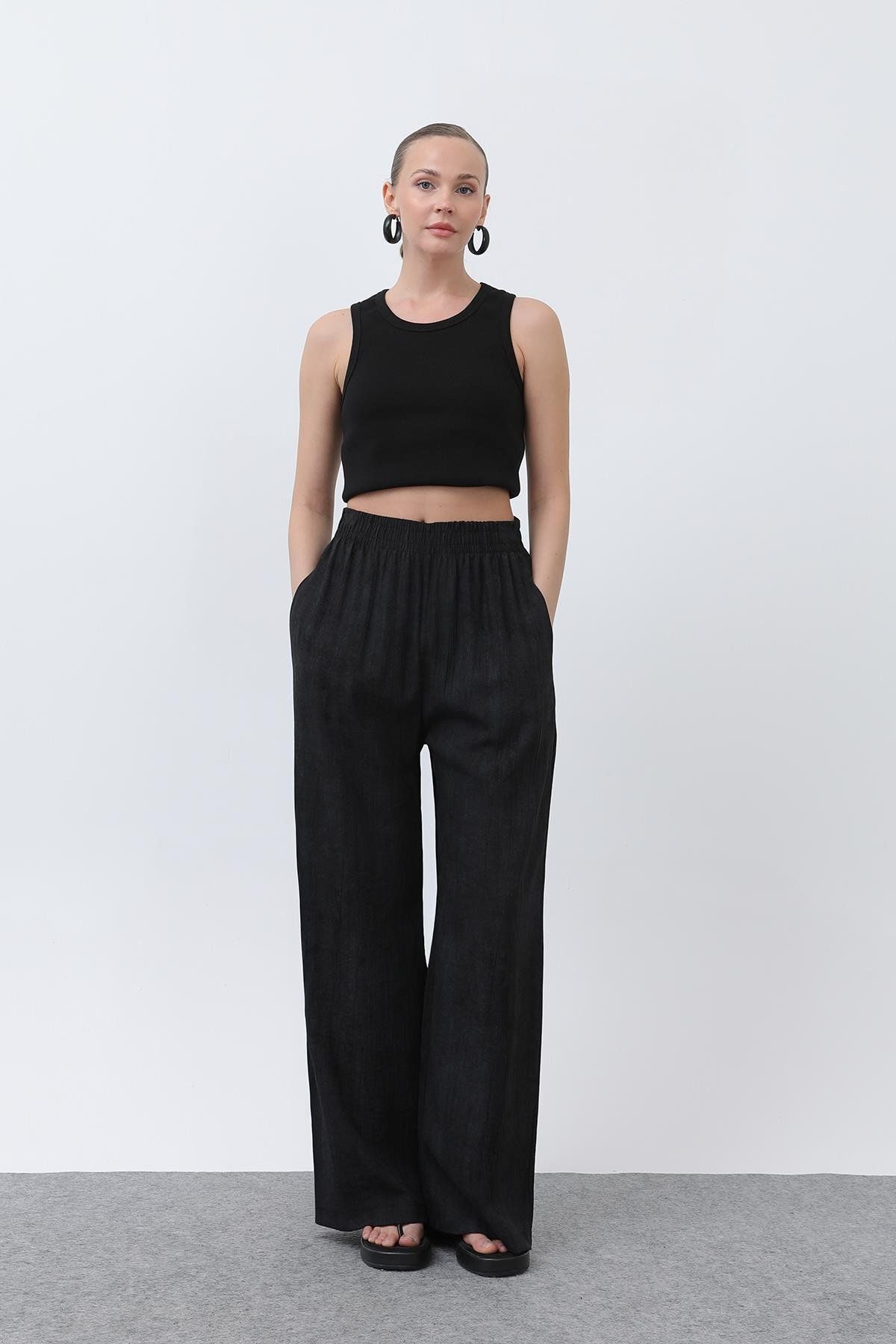 Puane Kadın Beli Lastikli Bol Pantolon - 18238PNT - BLACK