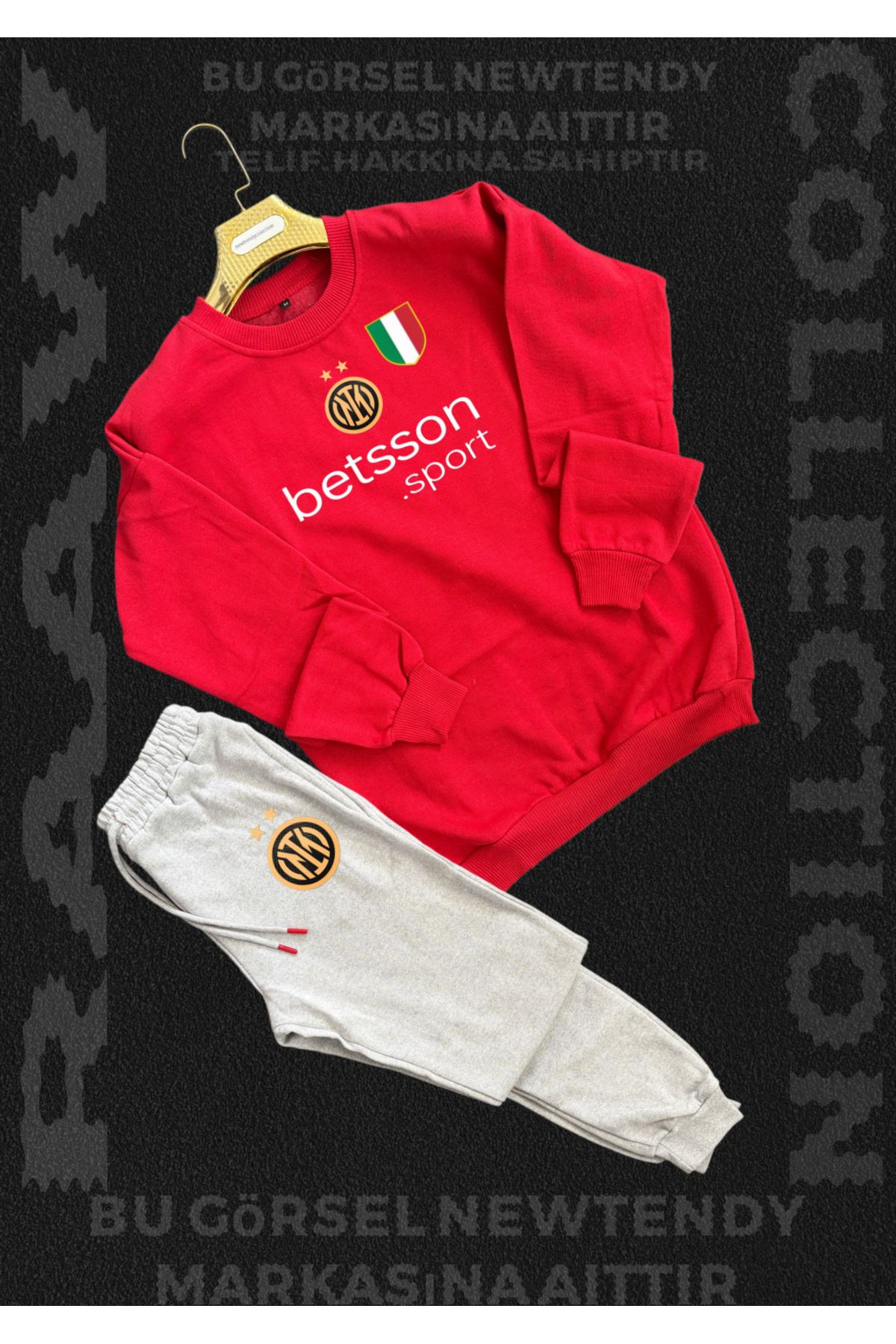 Minikelya Inter Logolu Kapüşonlu Sweatshirt ve eşofman Takımı Erkek Taraftar Spor Giyim Seti 2li kombin