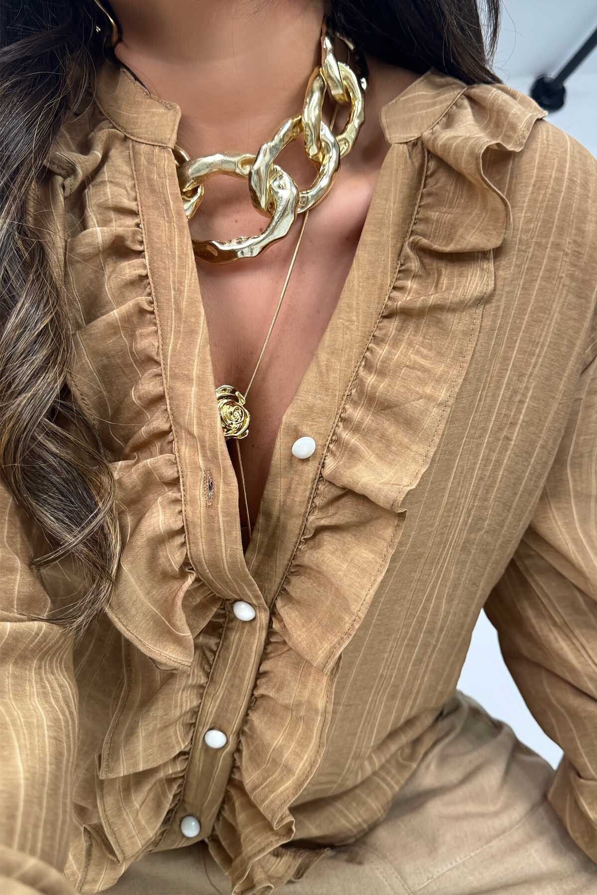 Sohotique By P Çizgili Doku Fırfır Detaylı Gömlek Camel