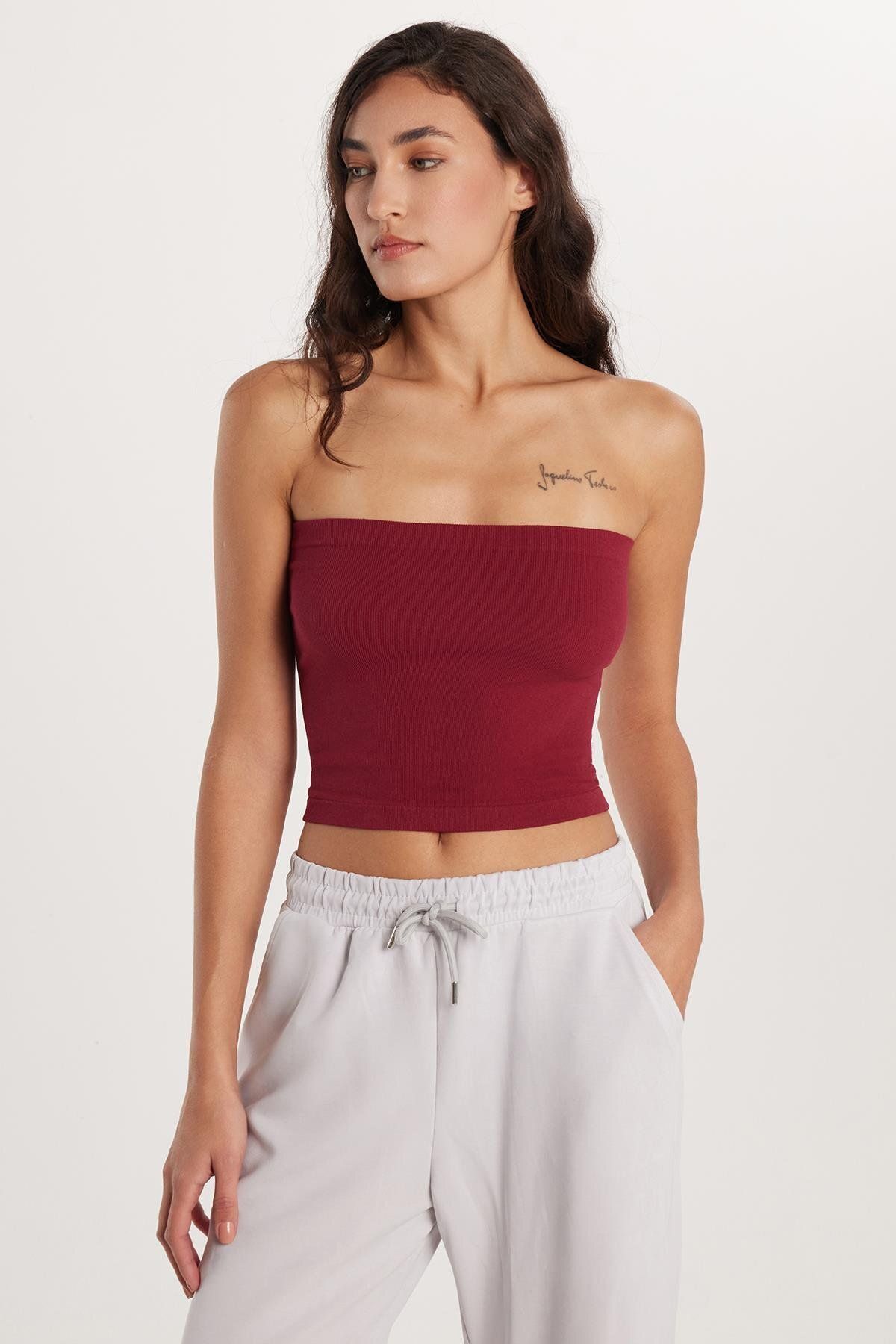 Tudors Kadın Slim Fit Pamuklu Straplez Düz Bordo Bluz
