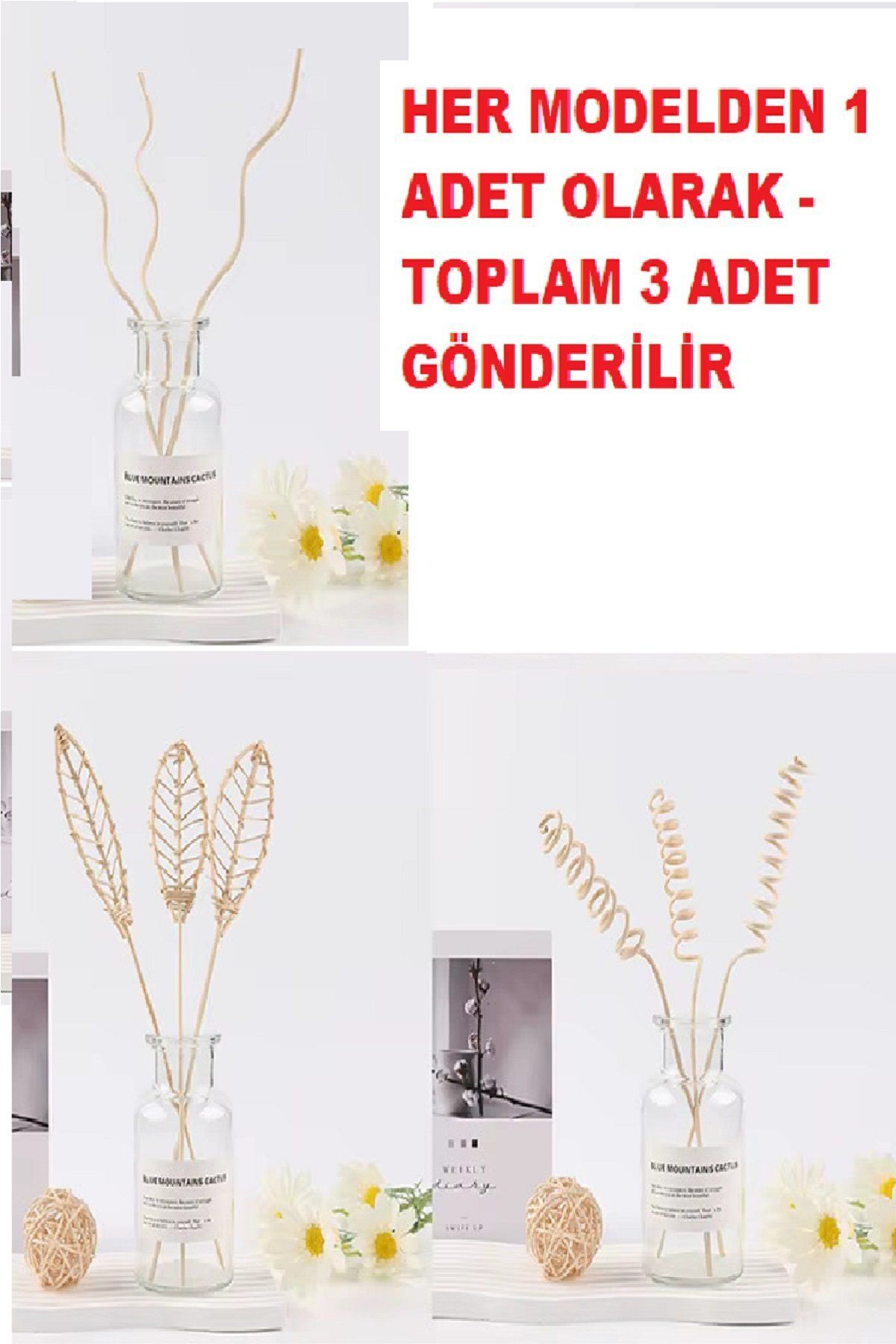 NEZADE STORE 3 Tek Adet 3 Model Aromaterapi Koku Dağıtıcı Rattan Şişe Ahşap Difüzör Çubuk (Spiral-Yaprak-Dalgalı)
