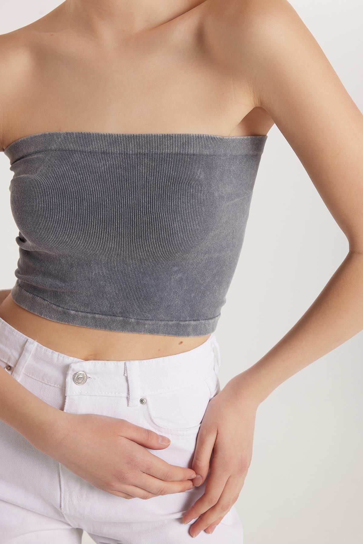Tudors-Women's Slim Fit Cotton Strapless Plain Anthracite Blouse 2