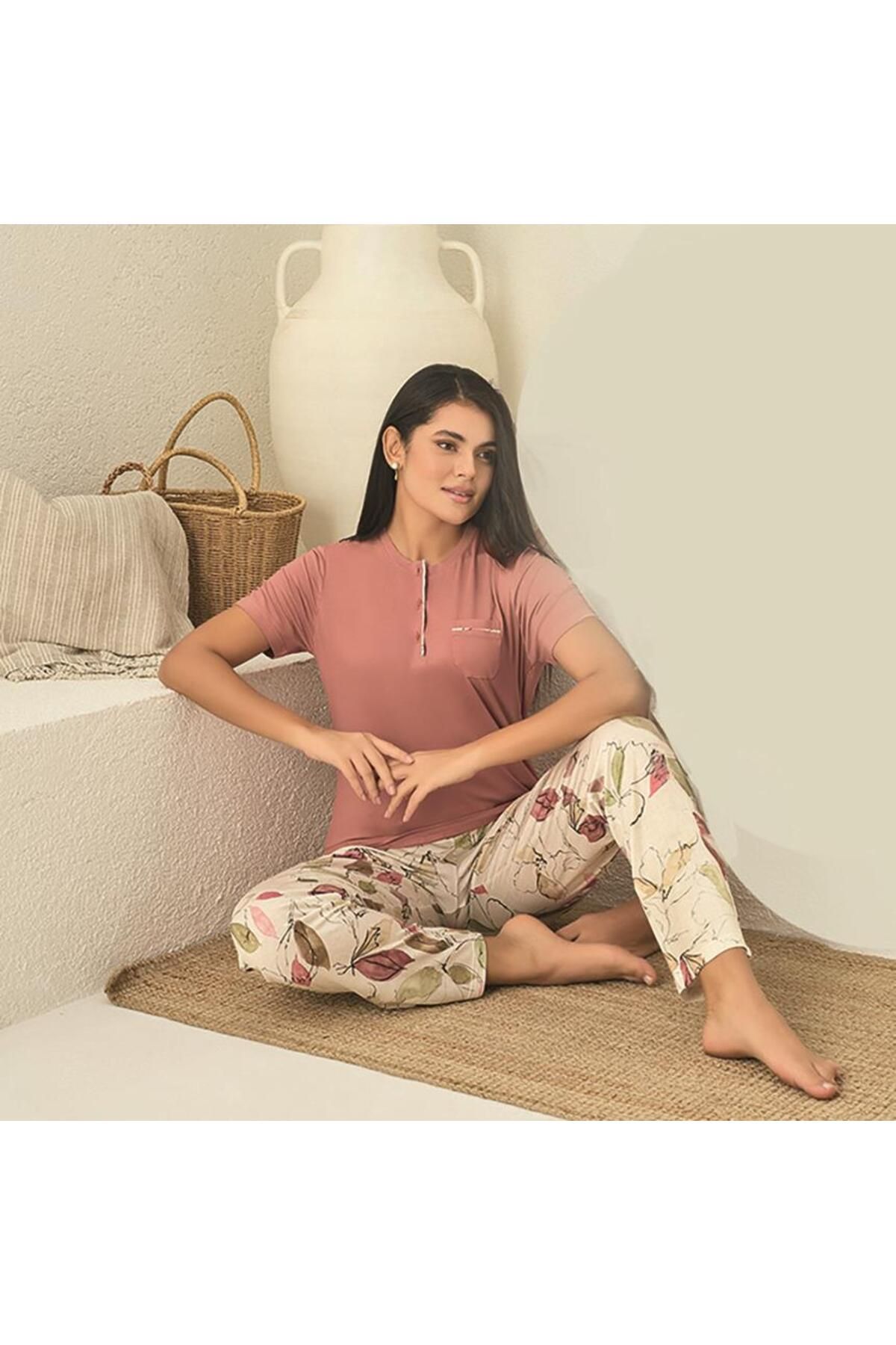 Rozalinda 3530 Kadın Yazlık Kısa Kol Uzun Alt Büyük Beden Pijama Takım