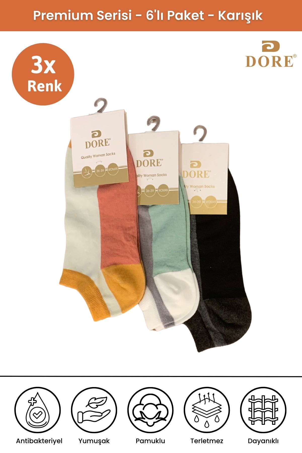 Dore Orijinal Kadın 3 Çift Nefes Alan Ultra Soft Konfor Modeli Spor Ayakkabı Sneaker Renkli Patik Çorap