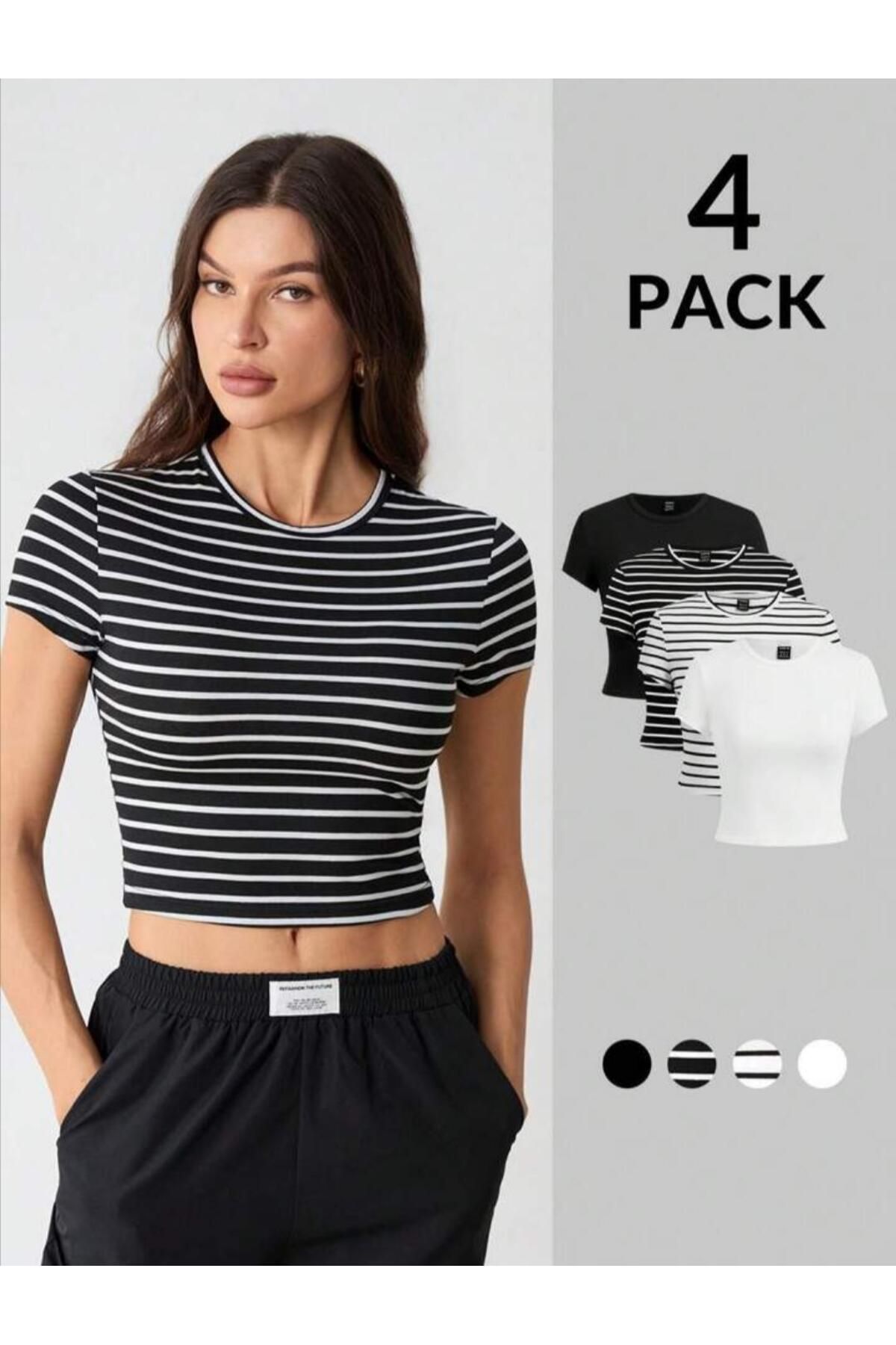 ÖZ PAMUK Kadın 4 Lü Adet Fitilli Pamuklu Kumaş Bisiklet Yaka Örme Crop T-shirt