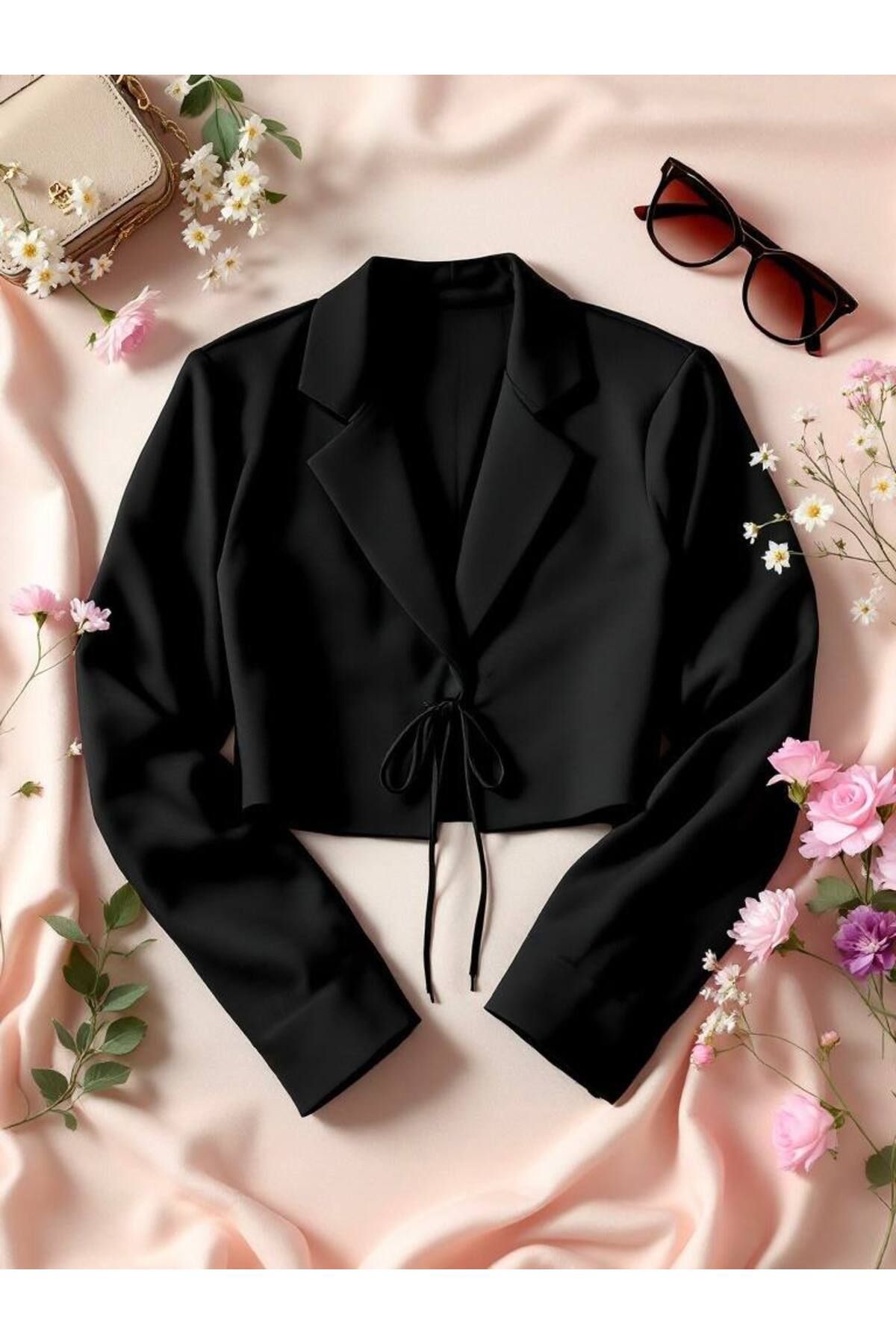 YONEZ MODA Kadın Rahat Kalıp Önden Bağlama Detaylı Bağcıklı Crop Ceket