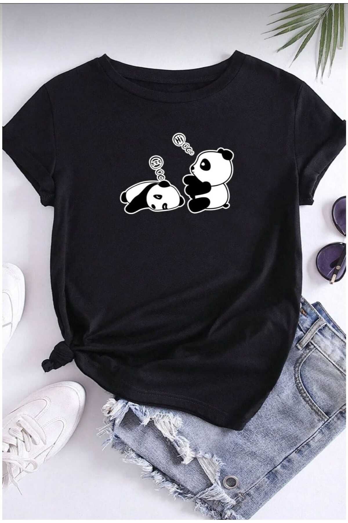 TekTarzz Unisex Uykucu Panda Baskılı Tasarım Tshirt